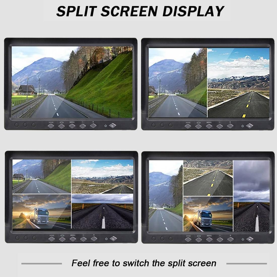 7-inches IPS Monitor 4ch Car Rear View Quad Split,Remote Control, 4-PIN Aviation Connect Video Inputs - 12V-24V 800X480HD for Truck RV Bus Car Vehicle Reversing Backup Rearview Cameras Monitor