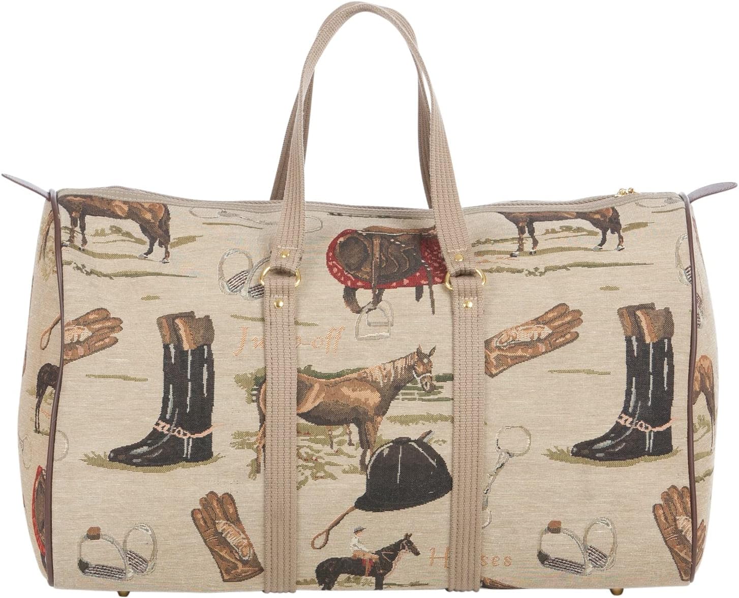 Huntley Equestrian 01026 Classic Tapestry English Design Duffle Bag Lightweight Patterned Cotton Heavy Duty Handles Center zipper Reinforced Bottom