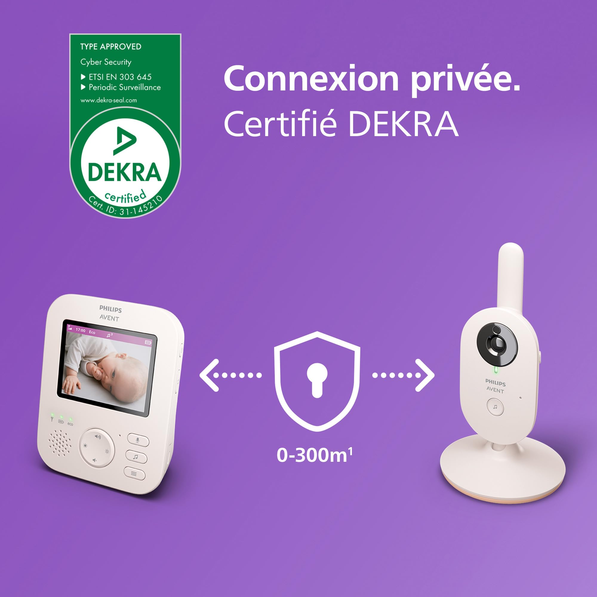 AVENT Philips Babyphone vidéo Advanced, Certifié DEKRA, 100% privé et sécurisé avec caméra et Audio, Corail/crème, écran de 2,8", Zoom x 2, Vision Nocturne, Audio bidirectionnel, berceuses, SCD881/26