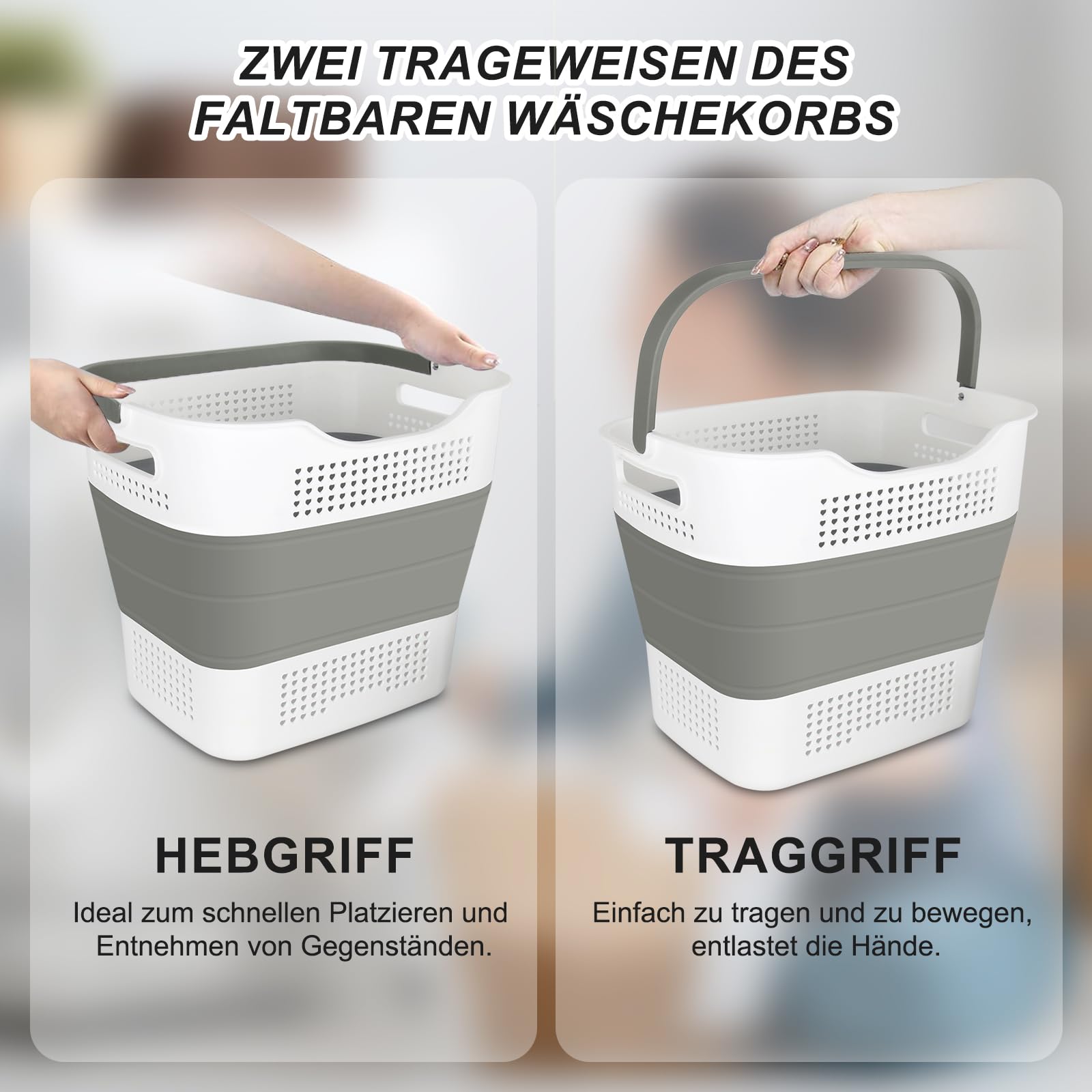 Zusammenklappbarer Wäschekorb Aus Kunststoff (43 Liter) - Faltbar, Mit Griffen, Grau, Platzsparend