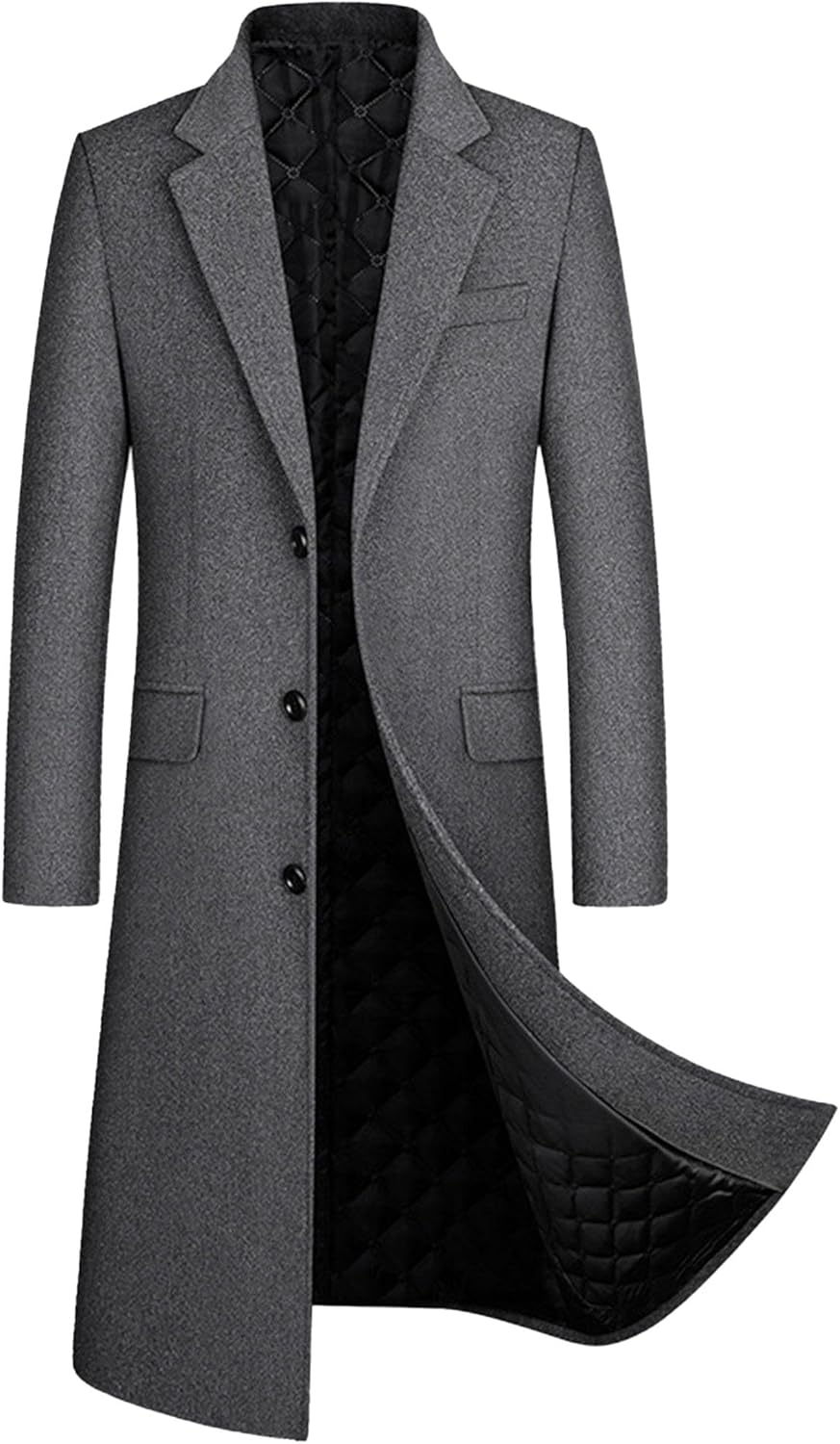 Men Trench Coat Winter Long Jacket Lightweight Single Breasted Wool Overcoat Casual Lapel Collar Business Jackets