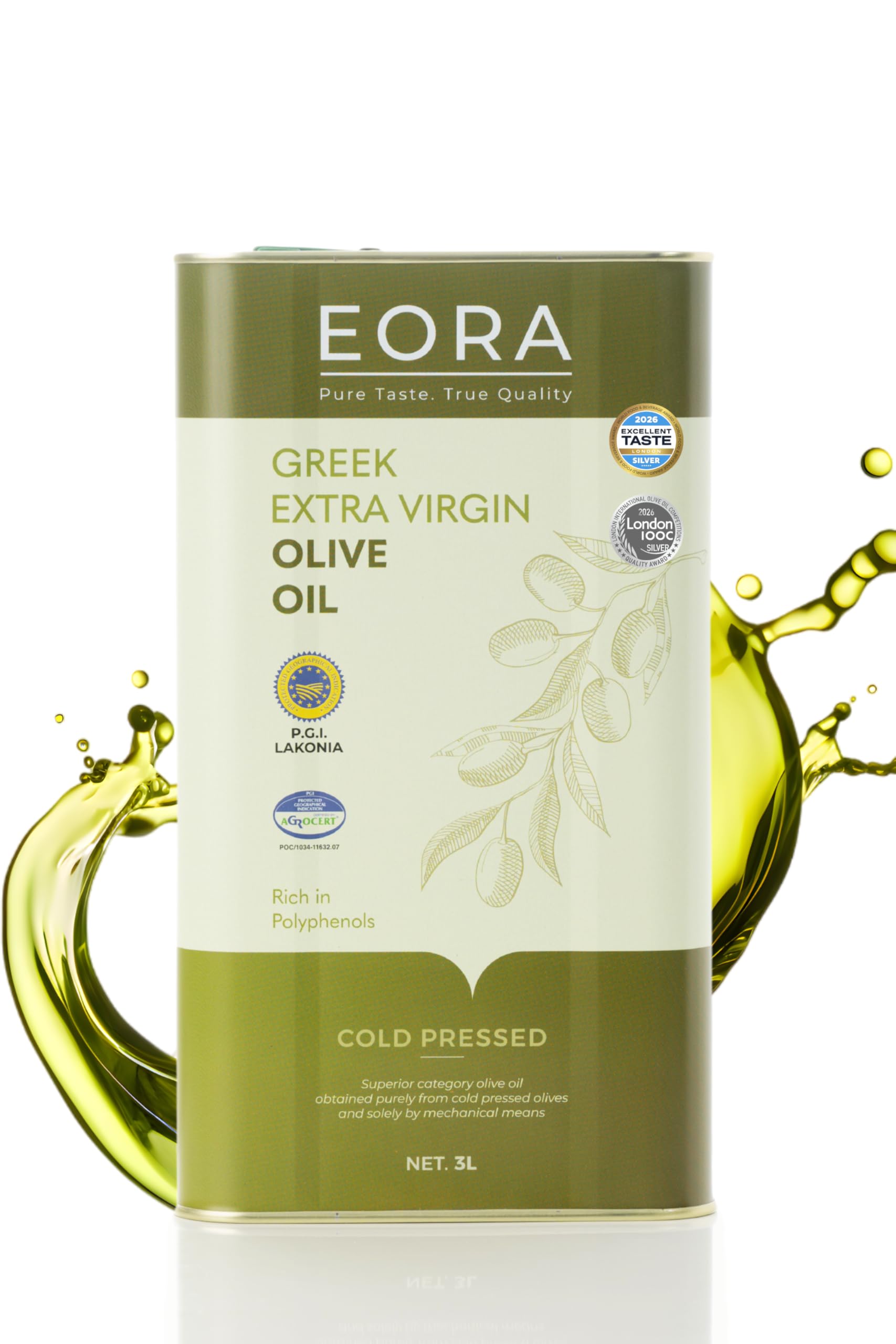 EORA Premium Griechisches Natives Olivenöl Extra 3L (Neue Ernte 25/26) – Hoher Polyphenolgehalt, kaltgepresst, sehr niedriger Säuregehalt ~0,35% – Einzelne Herkunft P.G.I. Lakonien, Griechenland