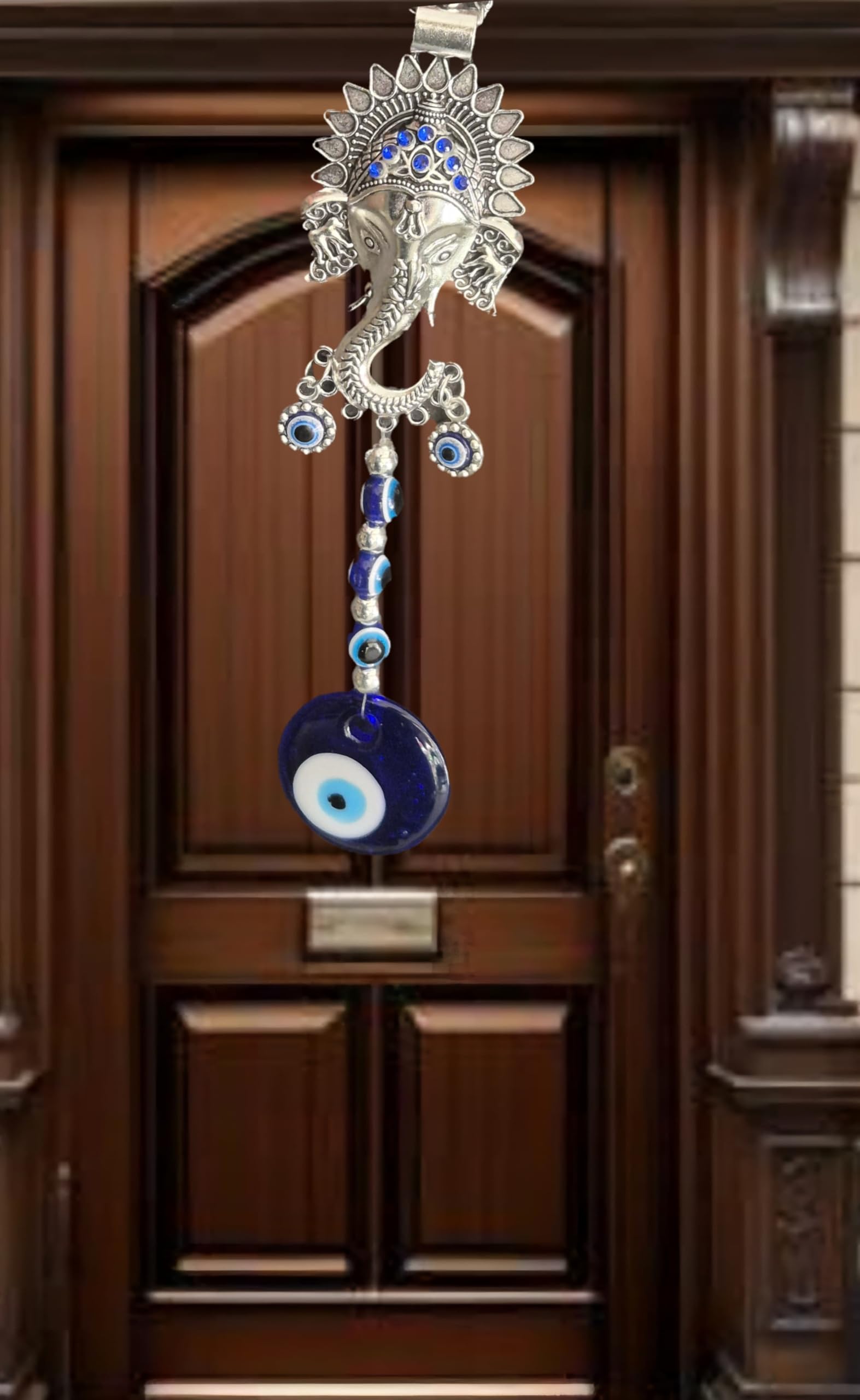 DT DECTONE Metal And Evil Eye Stones Handcrafted Om Ganesha Face Evil Eye Hanging for Home Entrance Door Decoration,Nazar Battu for Home Protection,Good Luck Charm and Prosperity at Office ,Blue