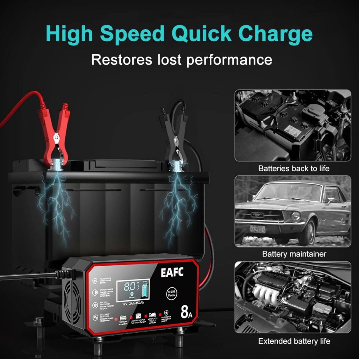 EAFC 12V 8A Car Battery Charger performing pulse repair, showing restored battery performance