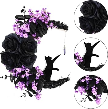 Halloween Wreath - Black Cat Moon Door Decor with Lights for Indoor Outdoor Party Wall, Unique Crescent Moon Wreath Design, Perfect Halloween Decorations for Front Door (Purple)
