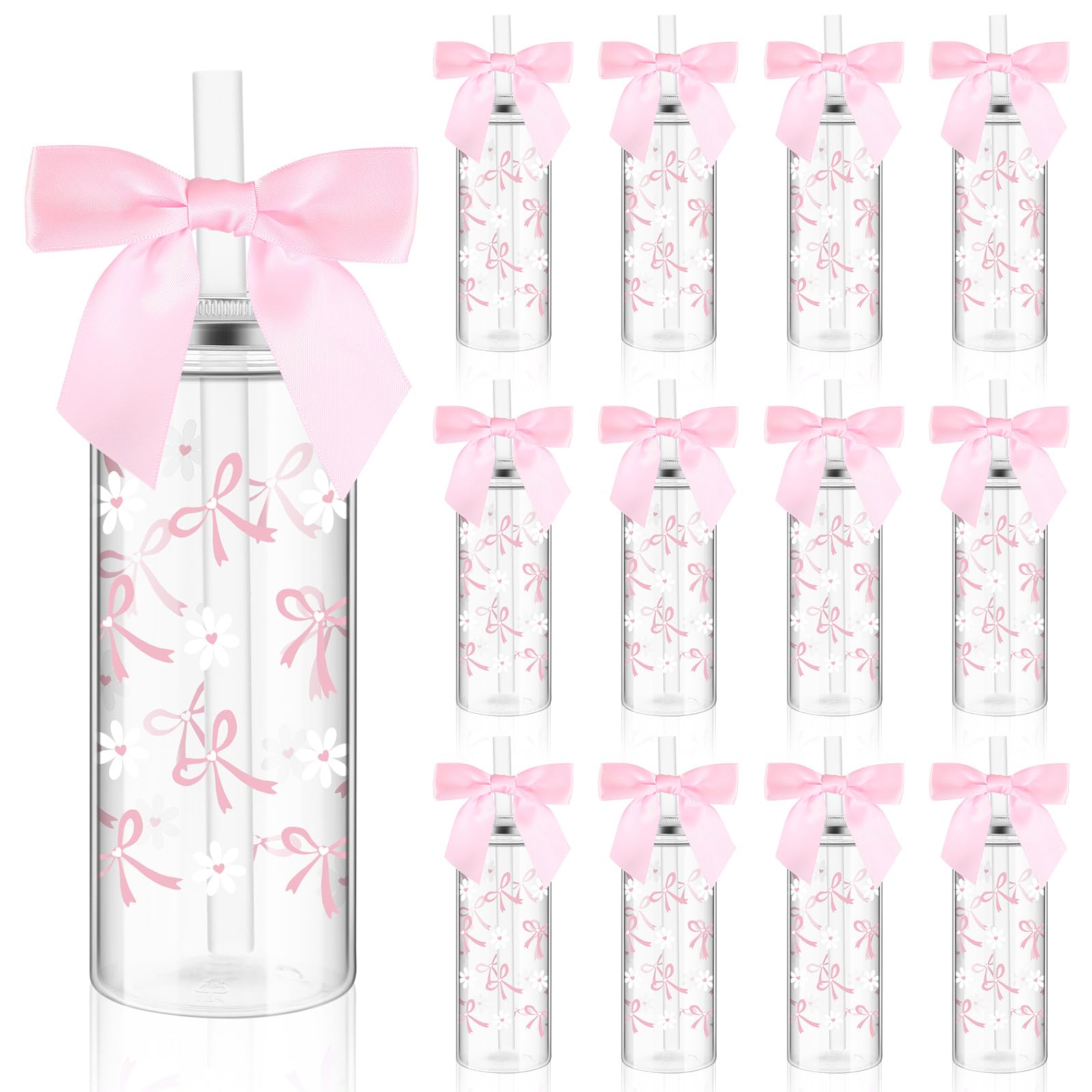 Photo 1 of Skylety 24 Pcs 14 oz Pink Bow Cups Flower Plastic Cup with Straw Lids Reusable Plastic Tumbler with Pink Twist Bow Coquette Aesthetic Drinking Tumbler for Birthday Wedding Party Women Baby Shower