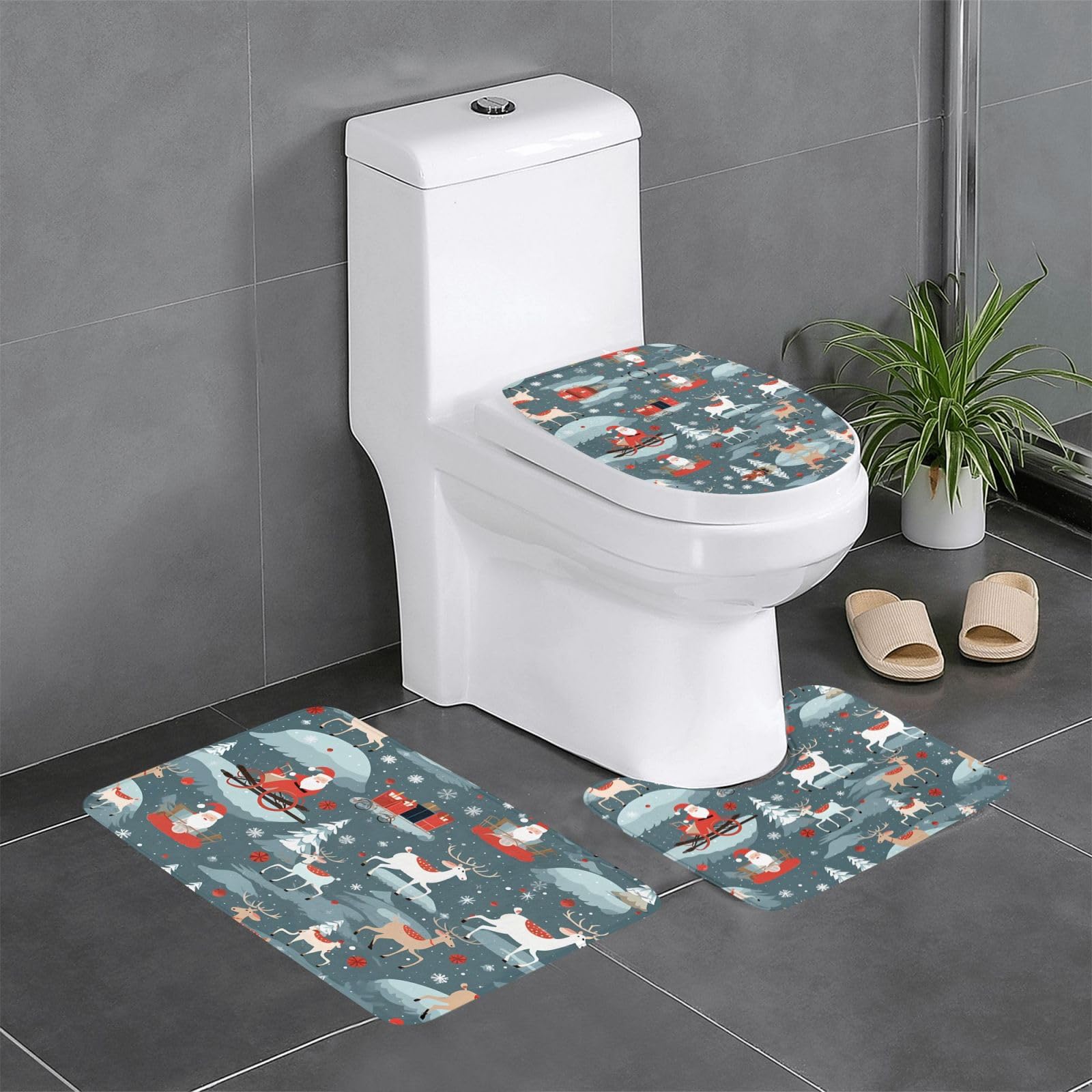 Tapis de salle de bain motif renne et traîneau wc toilette ovale 3 pièces