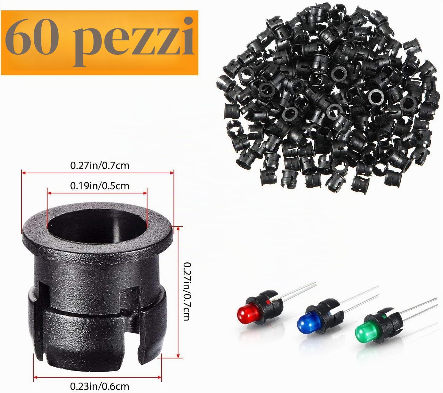 LED pre-cablati 5 mm ultra luminosi 60 pezzi bianco caldo rosso blu verde giallo + 60 supporti plastica