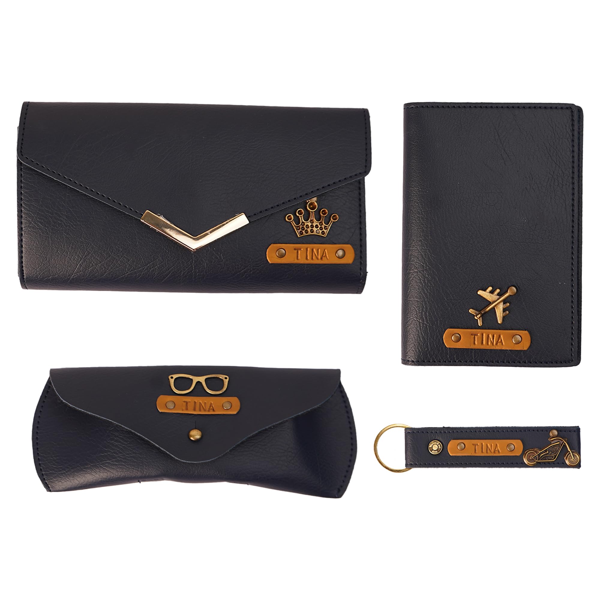 Personalized Leather Name Women's Clutch, Keychain, Passport Cover & Eyewear Case | Customized Gift Combo for Girlfriend Friend Wife Mother & Sister (Blue)-image-44