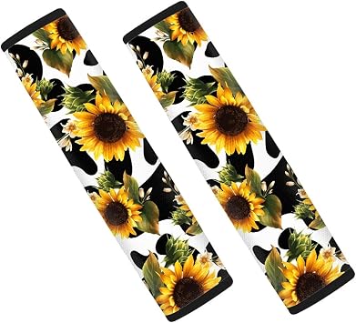 JEOCODY Sunflower Cow Print Seat Belt Shoulder Pad for More Comfortable Driving, Car, Truck, SUV, Airplane,Carmera Backpack Straps 2 Packs