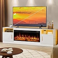 Lemberi 70" White Fireplace TV Stand with 36" Electric Fireplace, LED Lights, Fits 80" TVs - Modern Storage Entertainment Center