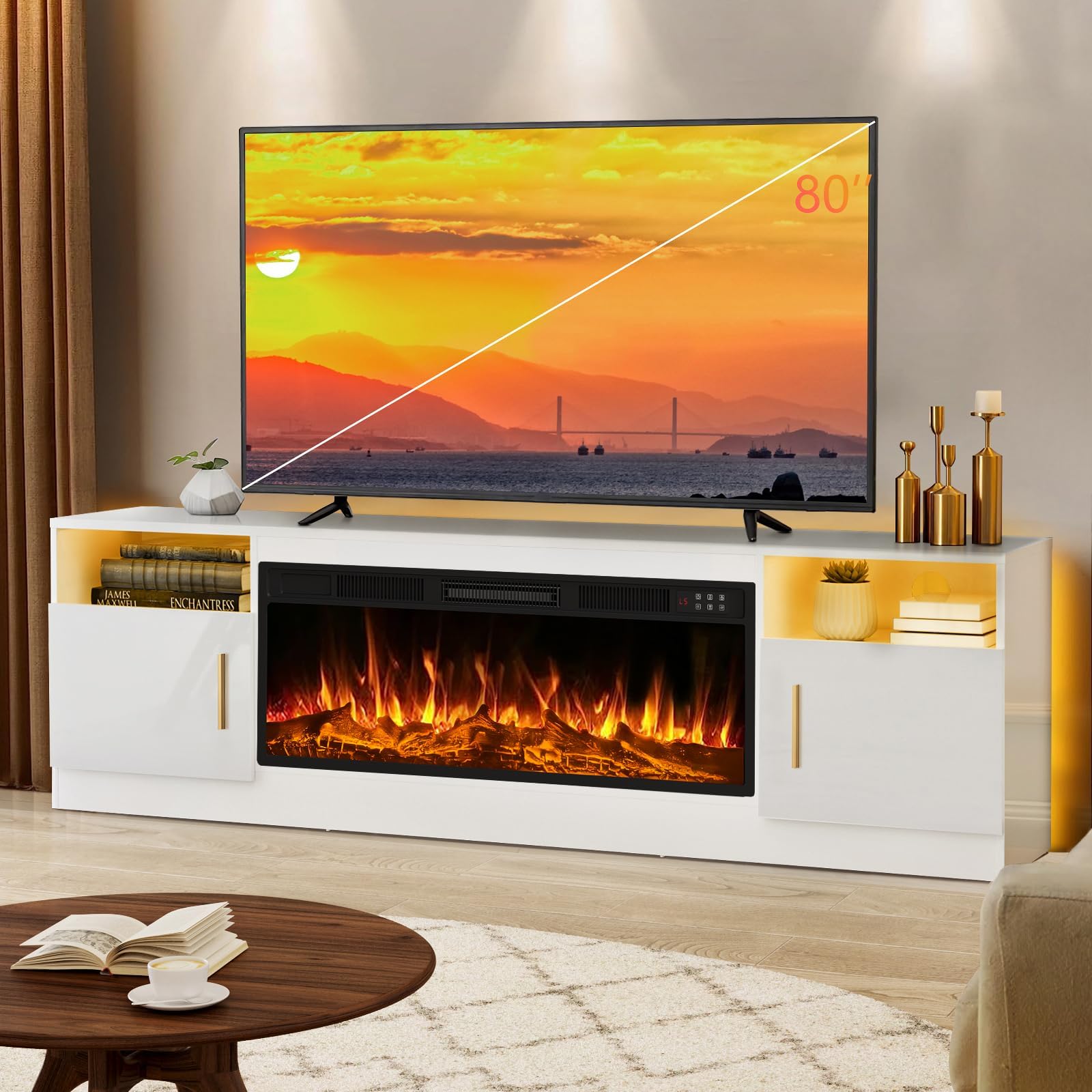 Lemberi Fireplace TV Stand with 36" Electric Fireplace, Fits TVs Up to 80", 70" LED Lit Entertainment Center, Modern High Gloss Wood with Spacious Storage Cabinet for Living Room, White