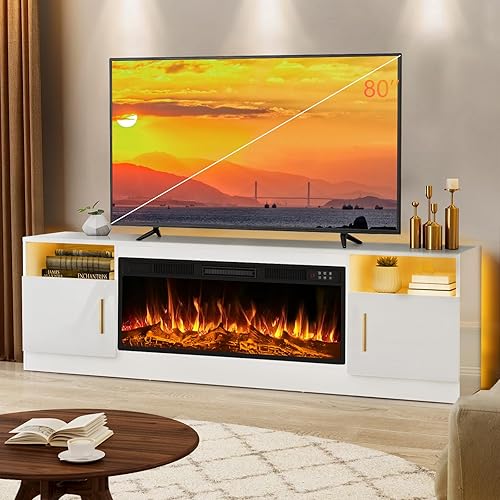 Lemberi Fireplace tv Stand with 36 inch Fireplace Up to 80" TVs,LED Light Entertainment Center and Storage, 70" Modern Wood Media TV Console with Highlight Cabinet for Living Room (White)
