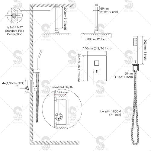Miniatura 87 de SR SUN RISE Sistema de ducha montado en el techo de 12 pulgadas, mezclador de lluvia, sistema de cabezal de ducha de lluvia, dorado cepillado, Oro