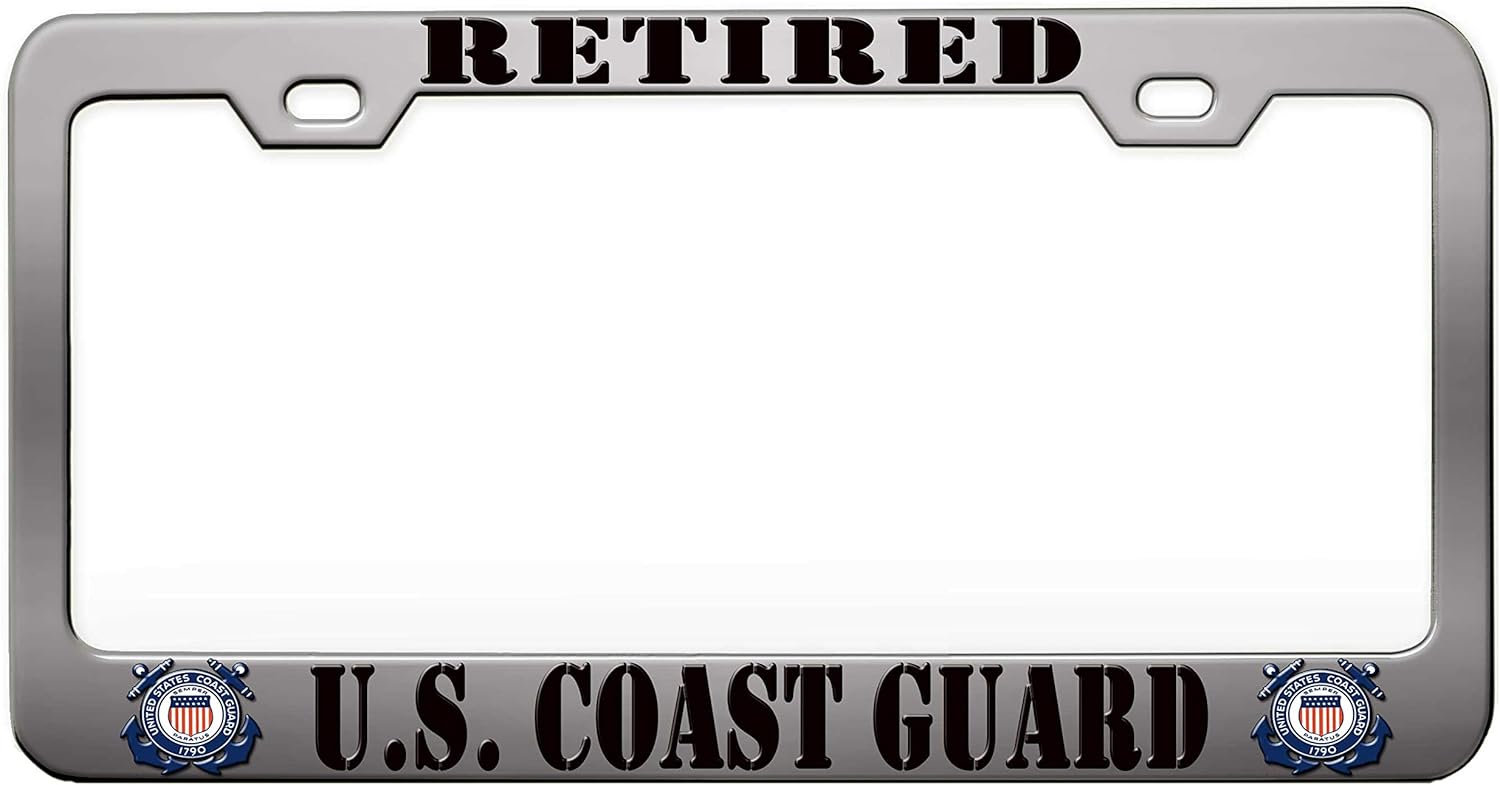 Retired US Coast Guard US Coast Guard Chrome Steel Metal License Plate Frame Auto Car SUV Tag Holder, O93