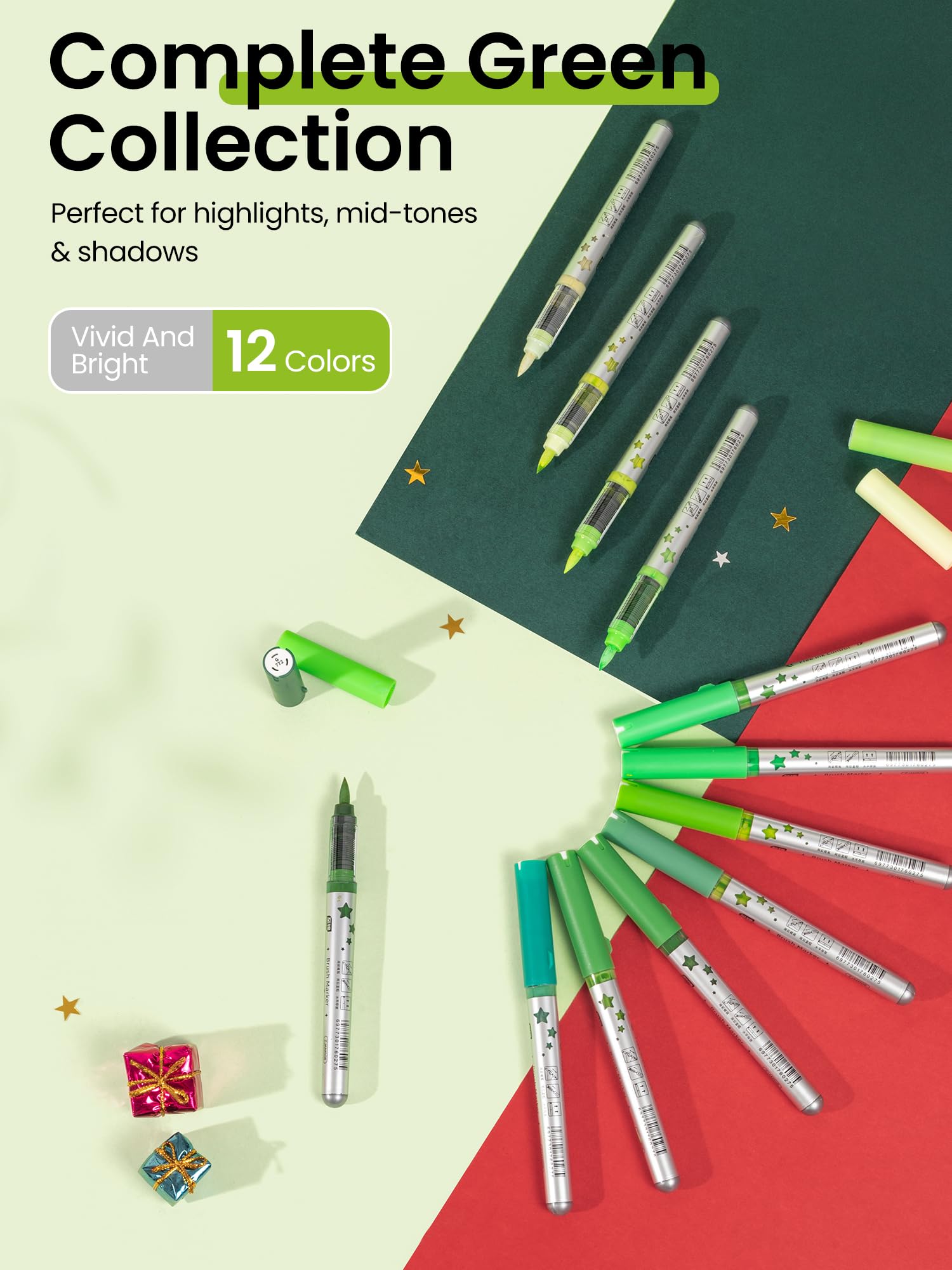 Woomer Acrylmarker Grüntöne 12 Farben & 90 Buntstifte mit Übungspapier