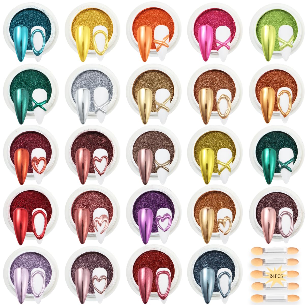 24Pcs Chrome Nail Powder Set, Metallic Mirror Effect Holographic Iridescent