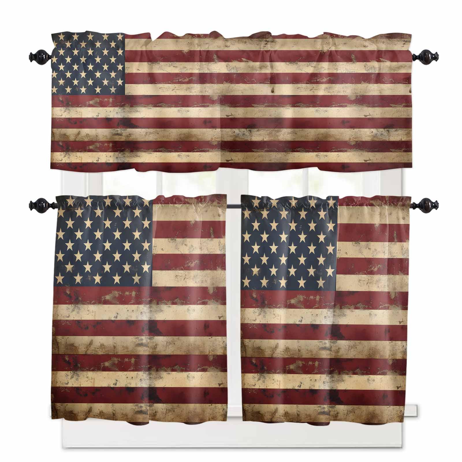 Retro American Flag Kitchen Curtains 24 Inch Length, 3 Piece Rod Pocket Small Half Tiers and Valance Set, Vintage Shabby US Flag Small Large Window Treatment Decor for Bedroom/Bathroom Sink