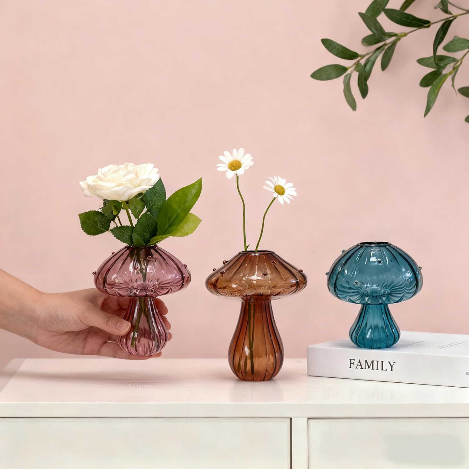 Glass Mushroom Propagation Planter - Set of 3 Cute Plant Propagation Stations for Indoor Plants, Unique Small Hydroponic Vase Jars Mini Terrariums for Window Living Room Bathroom Shelf Decor - Image 4