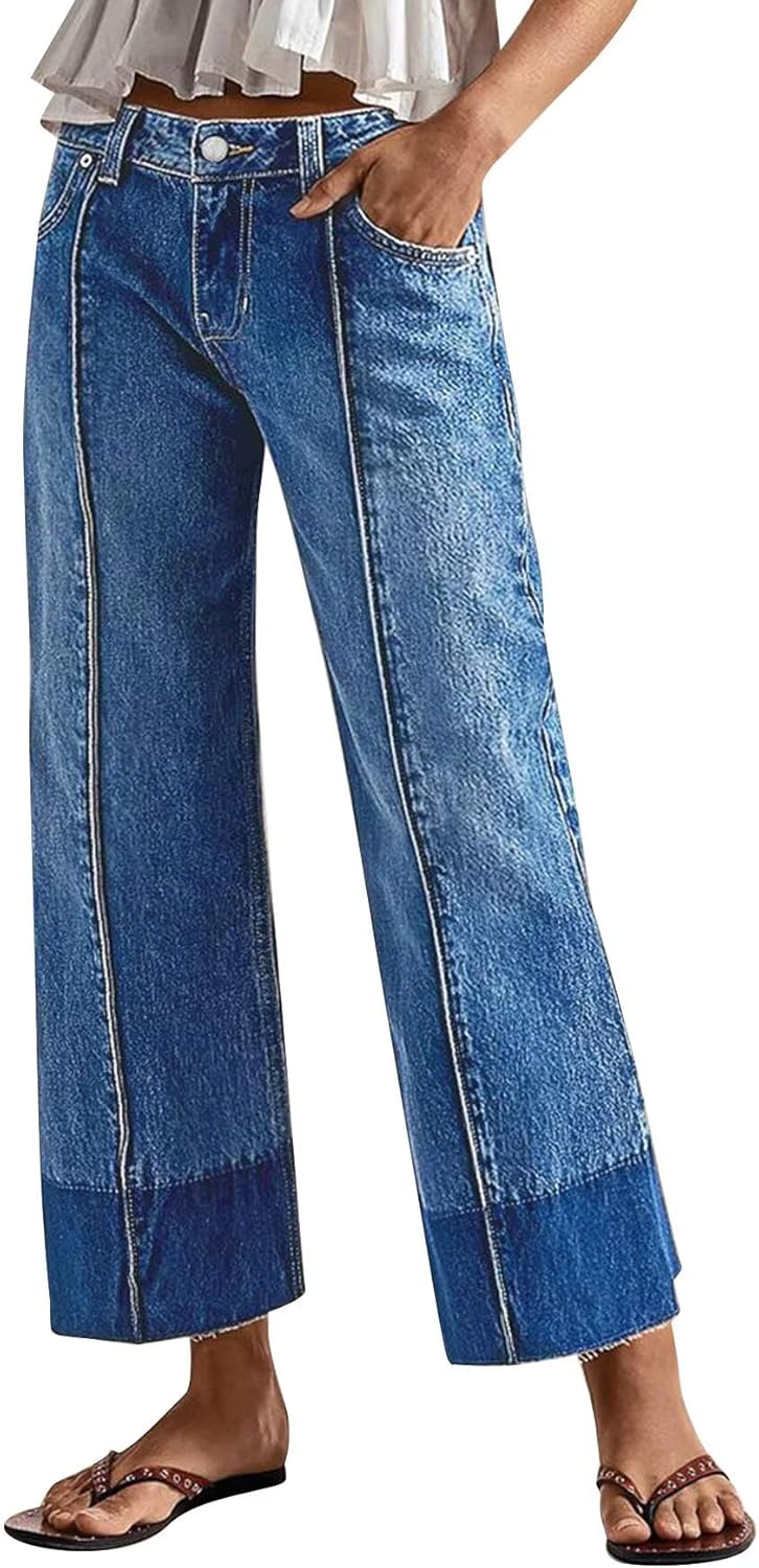 Flamingals Mid Rise Straight Leg Crop Jeans for Women Two Tone Raw Hem Seam Front Casual Trendy Denim Pants