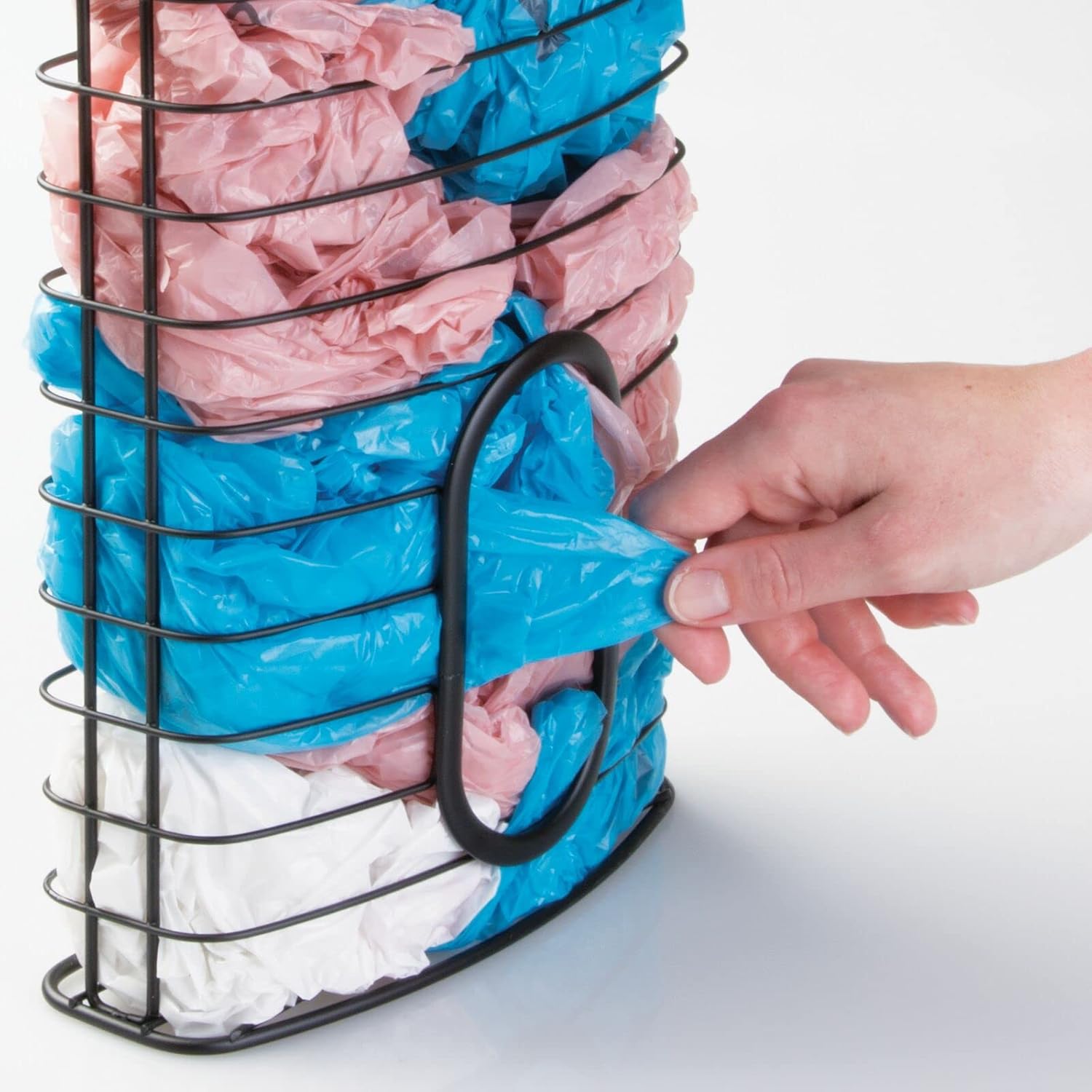 mDesign Steel Hanging Cabinet Storage Organizer Holder for Kitchen, Pantry - Holds Plastic, Sandwich, Garbage, Grocery and Trash Bags; Wrap, Foil, Pack - Spira Collection - Black