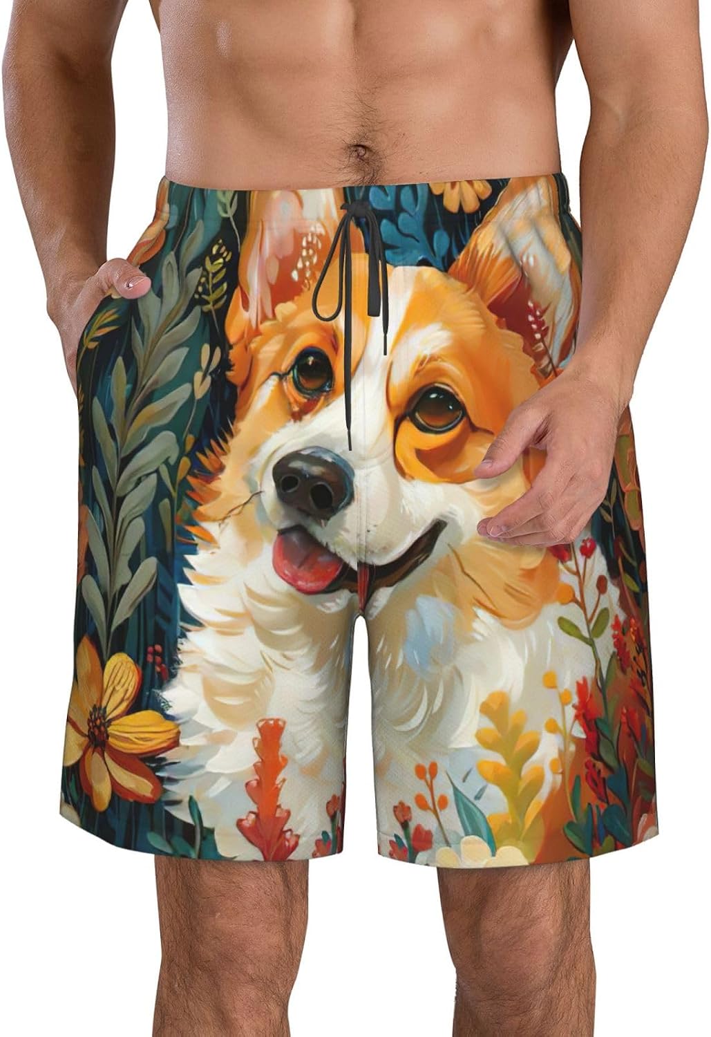 Corgi Floral Flowers Spring Garden Print Men's Swim Trunks Quick Dry Beach Shorts with Pockets Lining Swimwear Bathing Shorts
