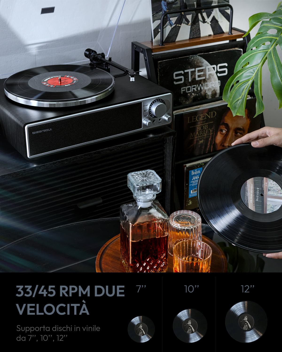 Qlearsoul ONE-Q Giradischi Vinile All-in-One con Bluetooth 5.4, Giradischi HiFi con Altoparlanti Integrati, Preamplificatore Phono, Cartuccia AT-3600L, 33/45 RPM, Spegnimento Automatico