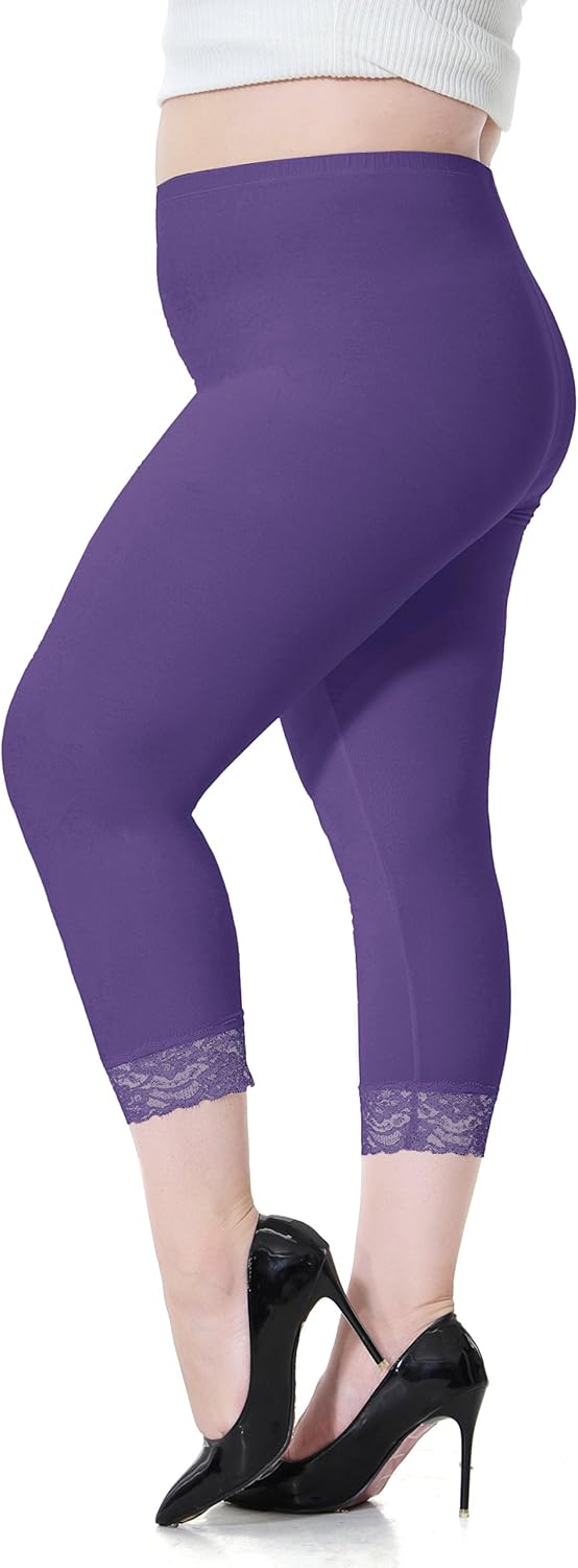 Plus Size Capris Leggings for Women,Lace Trim Stretch Crop Leggings Workout Casual Tights Pants - Image 4