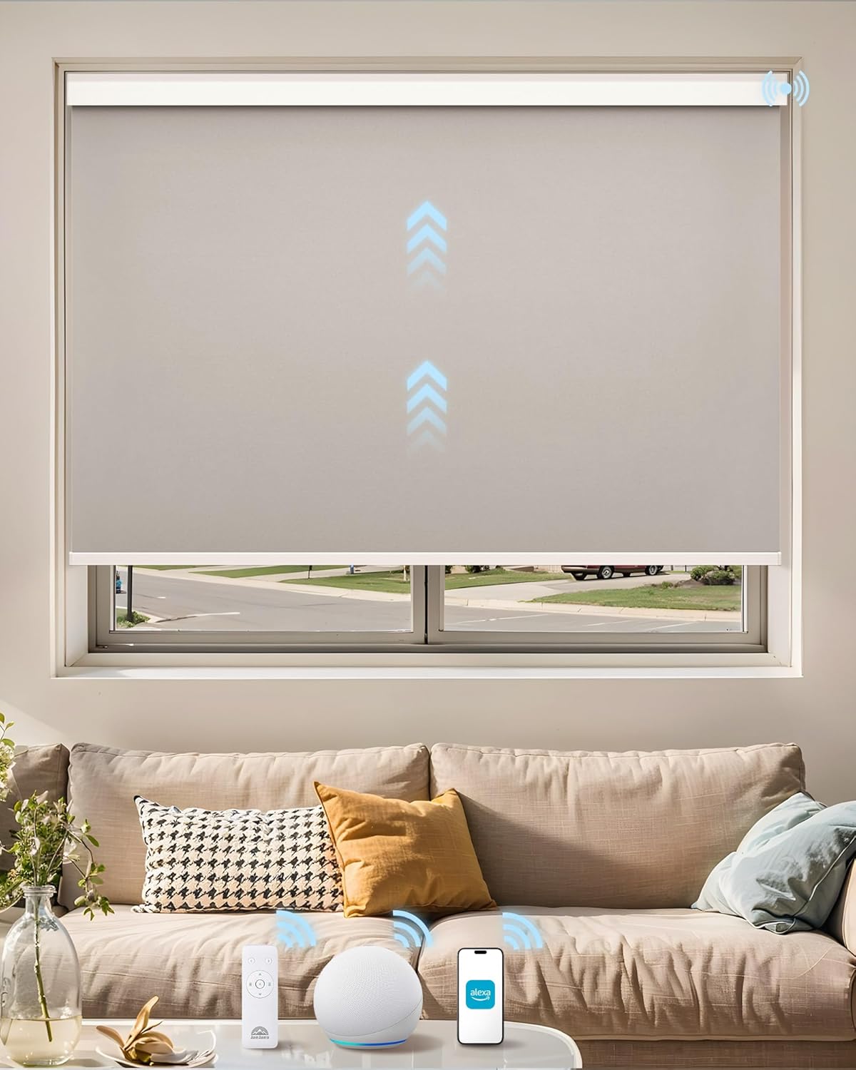 Motorized Roller Shades with Remote Control, Blackout Rechargeable Smart Blinds Compatible with Alexa, Electric Blinds for Living Room Bedroom, 34″ W x 72″ H, Grey