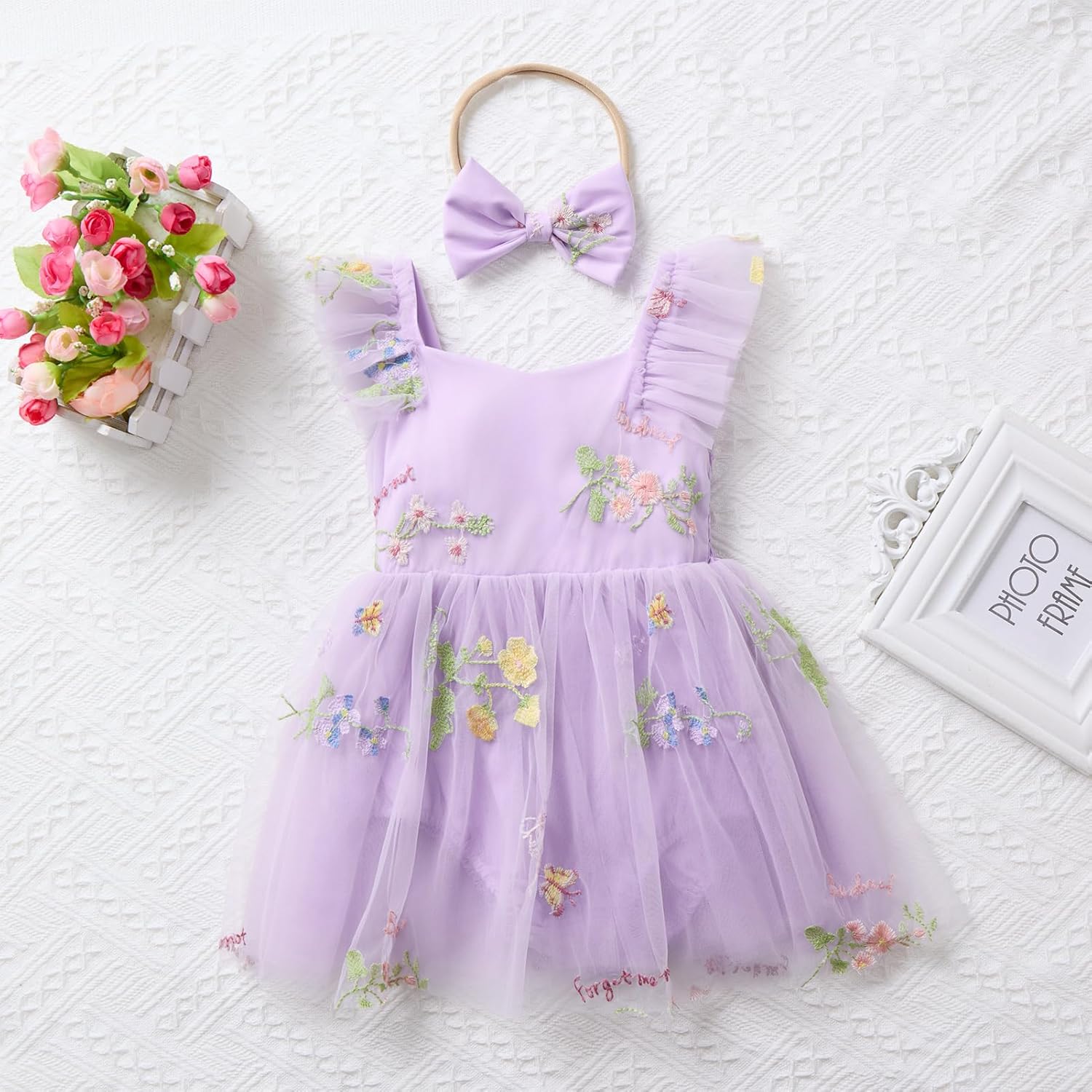 FYMNSI Infant Baby Girl 1st Birthday Outfit Floral Lace Tulle Romper Tutu Dress Headband 2PCS Bodysuit Princess Summer Clothe