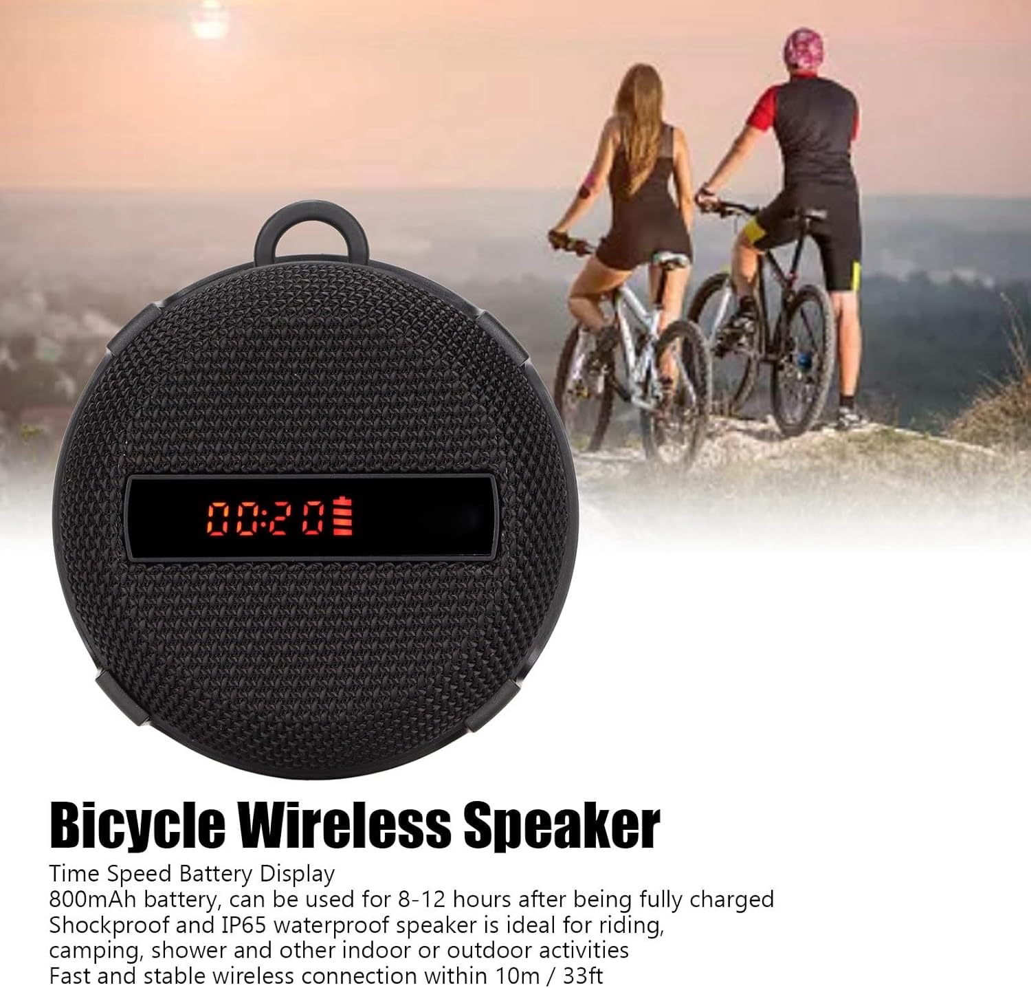 Bike Speaker with Time Speed Battery Display Riding Mode, Bluetooth 5.0 IP65 Speakers with AUX Port/Memory Card Slot for Riding, Camping, Showering