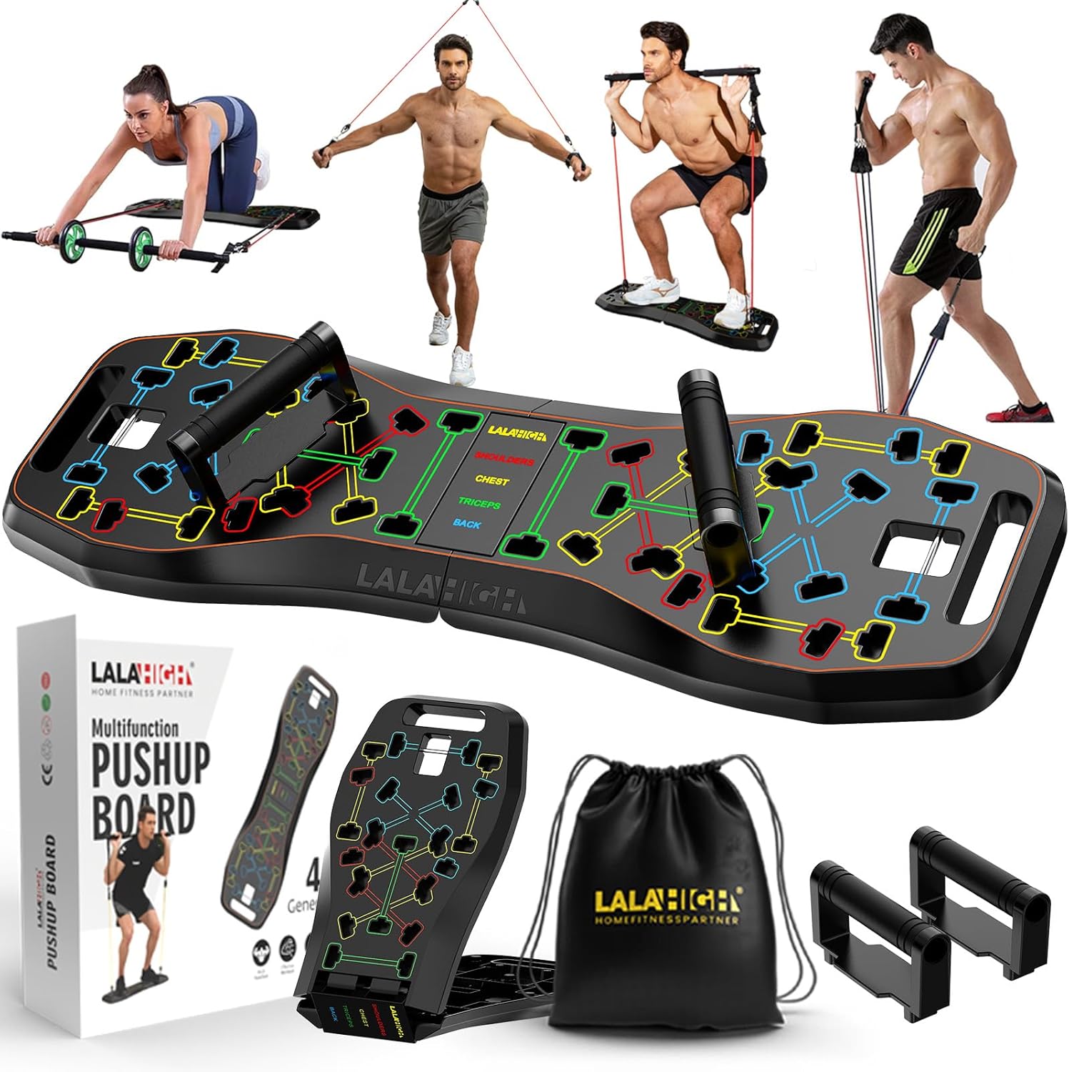 LALAHIGH Push Up Board with Resistance Bands & Ab Roller – 15-in-1 Portable Home Gym Equipment, Full Body Workout Kit for Men and Women