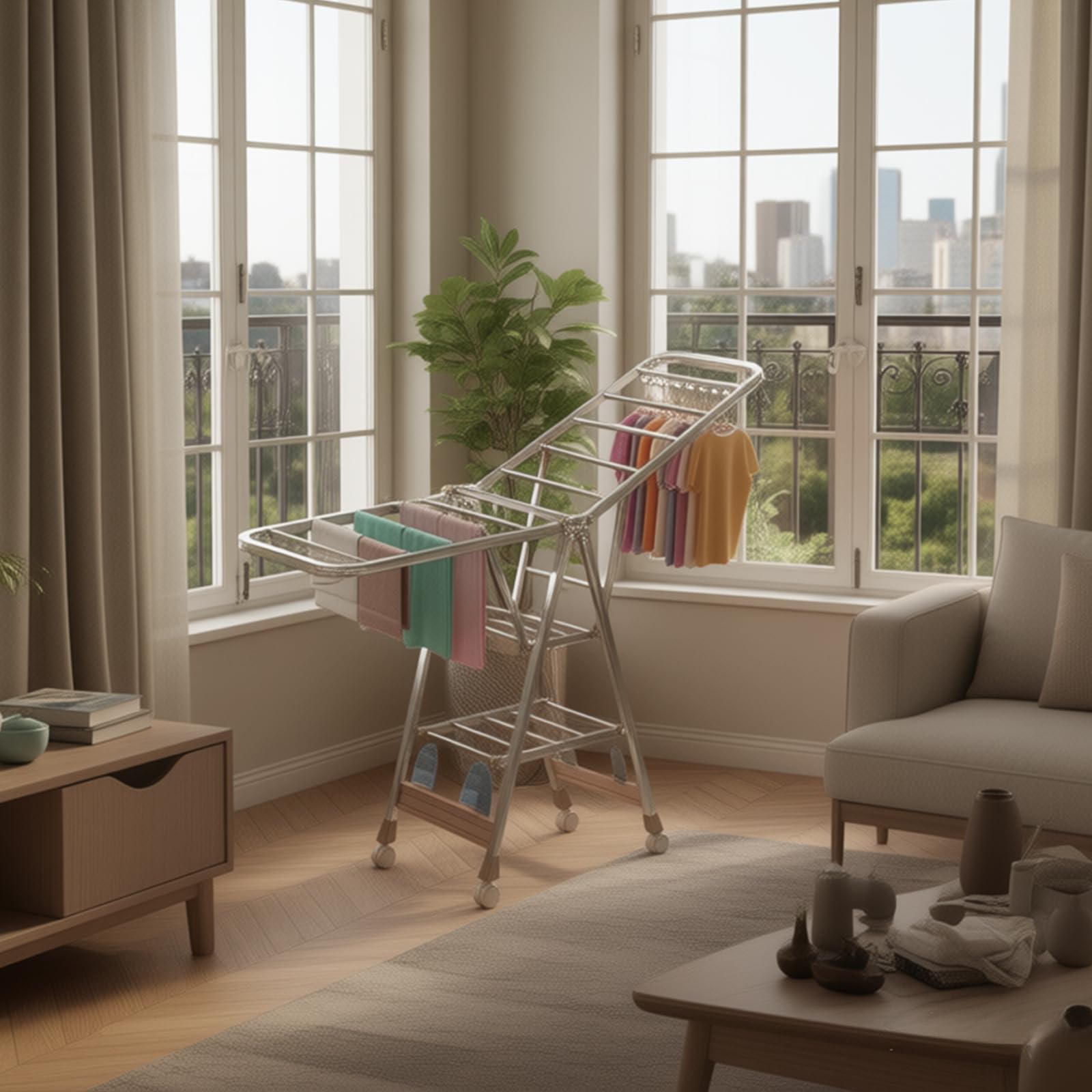 Wäscheständer Aluminium Klappbar, Höhenverstellbarer Wäscheständer mit Windschutz Streifen & Schuhablage, Faltbarer Wäschetrockner für Badezimmer, Balkon & Garten Innen Außenbereich (1,7 Meter)