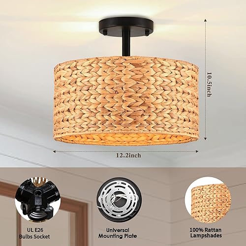 Miniatura 5 de Lámpara de techo semiempotrada de ratán bohemio, lámpara de 3 luces, candelabro rústico con pantalla de mimbre tejido, ideal para cocina, comedor,
