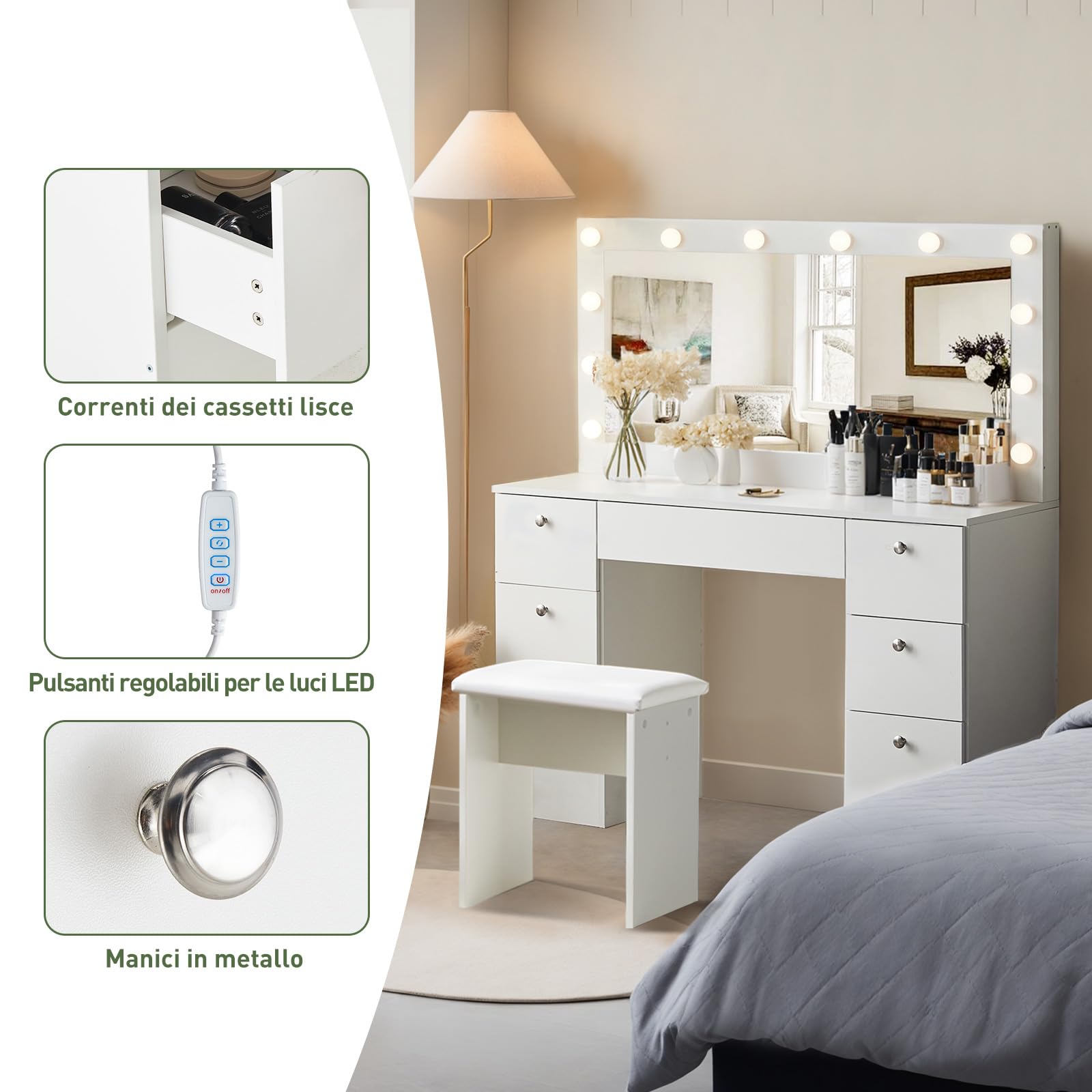 LEMROE Toletta da Trucco con Luci LED e Specchio Grande, Luminosità Regolabile, Postazione Trucco con Luci, Toeletta da Trucco con sgabell, 7 Cassetti
