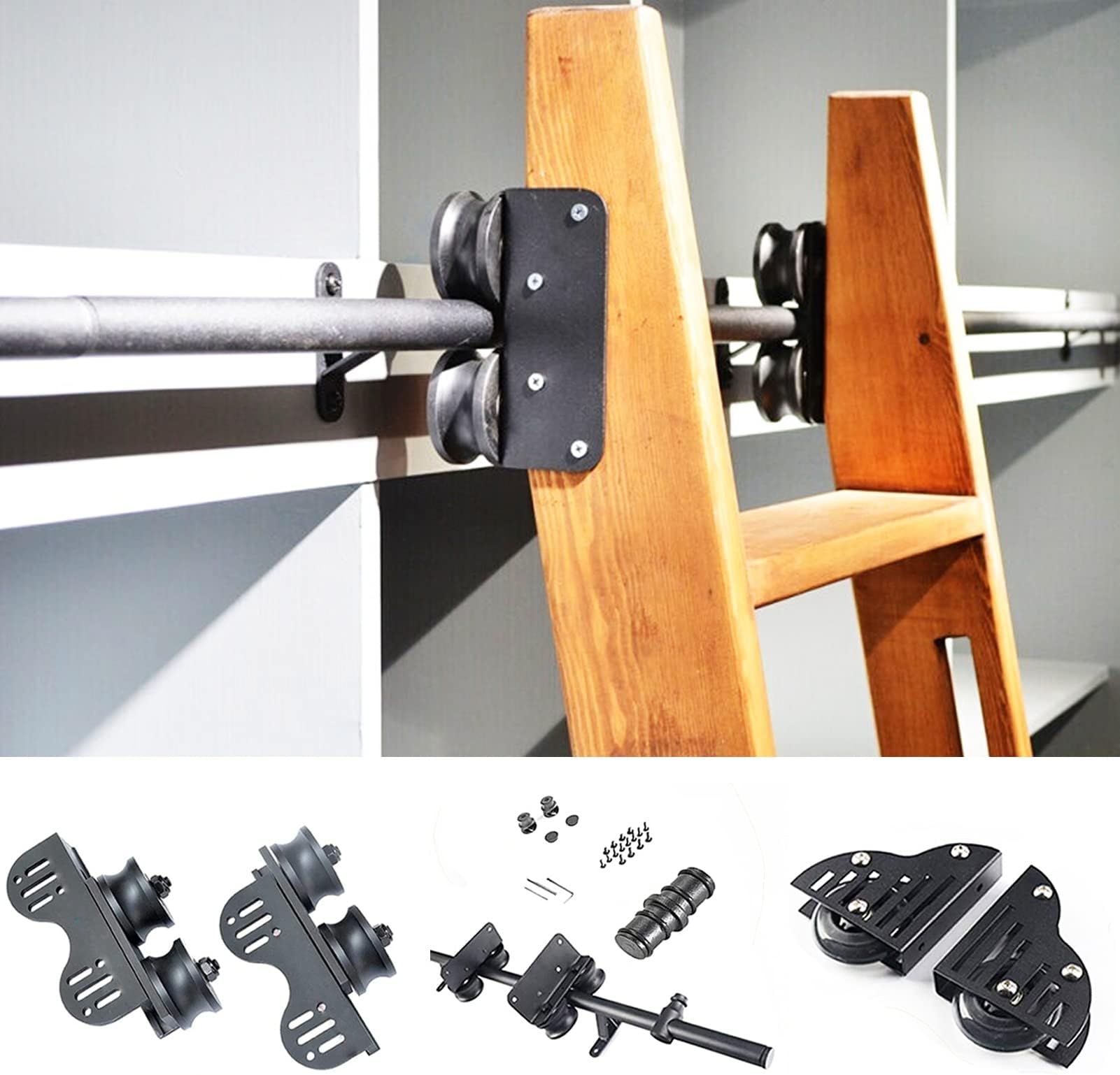 3.3ft- 20ft Sliding Barn Door Hardware, Round Tube Library Rolling Full Set Track Kit (No Ladder) with Floor Roller Wheels + Mobile Ladder Extention Track/Rail for Loft/Home/Indoor/Bookstor