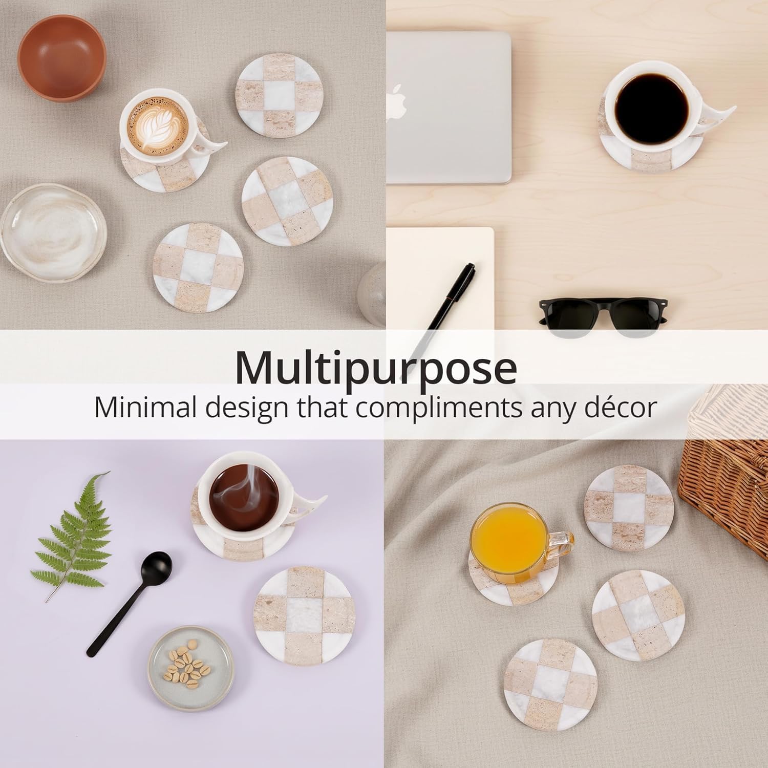 Marble Coasters Set of 6, Travertine & White Matt Handmade 4 inch Round Checkered Stone Coaster, Drink Coasters for Living Room, Trendy Office Desk Accessories & Home Décor