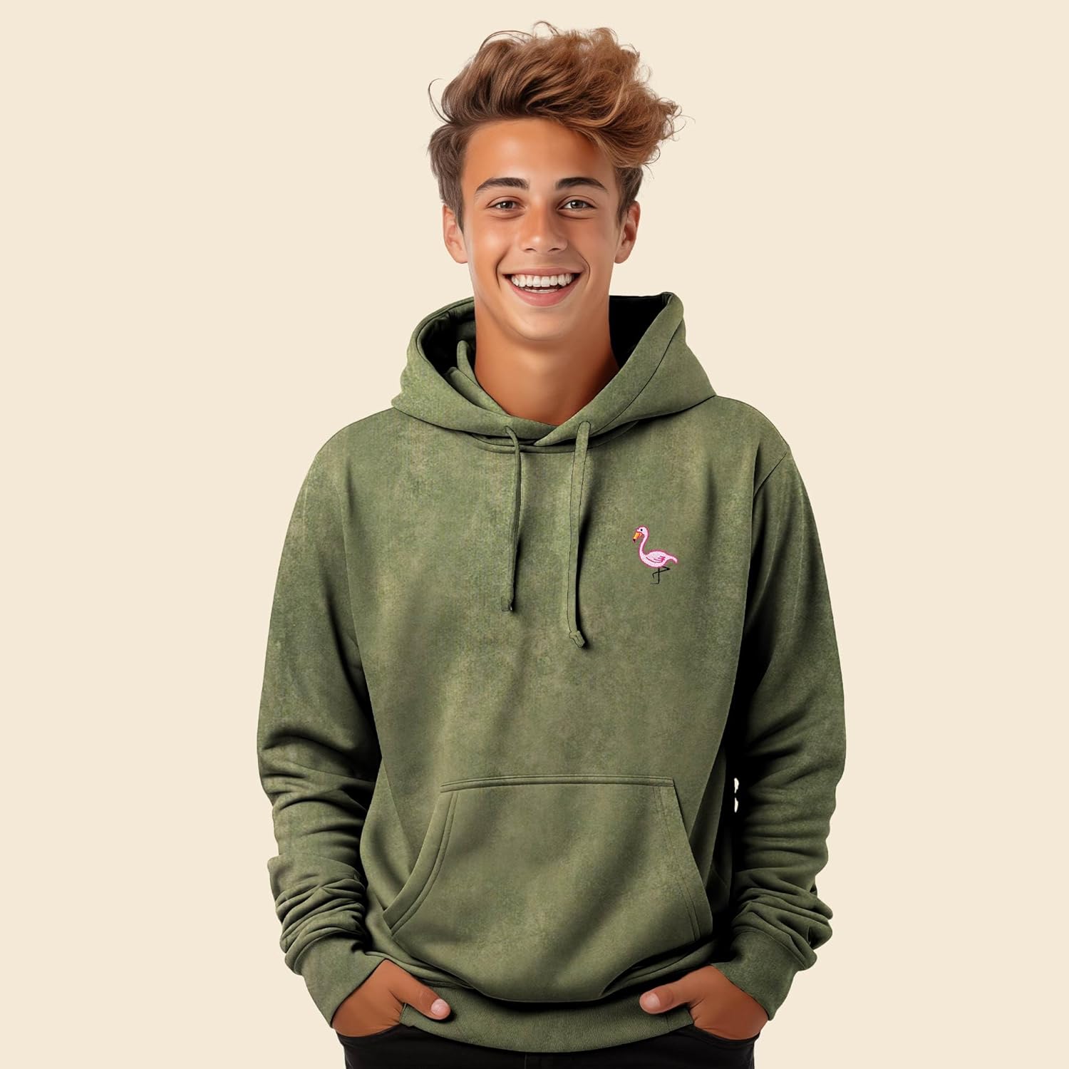 DALIX Flamingo Embroidered Fleece Hoodie Mineral Wash Long Sleeve Sweatshirt Mens