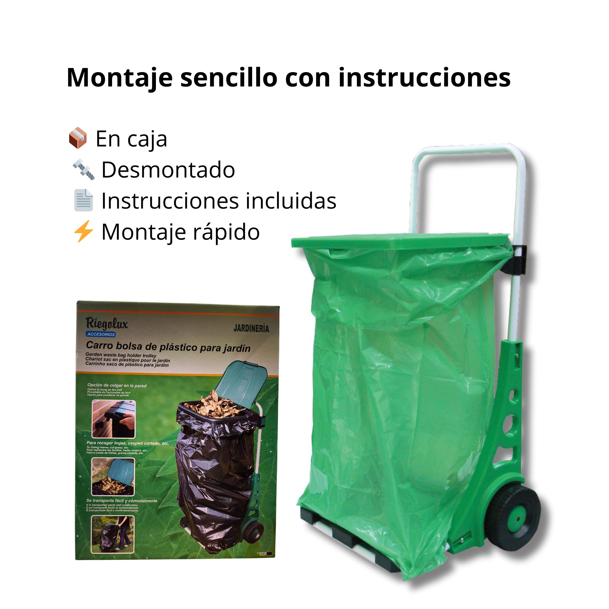 Riegolux 755061 – Carro Saco Jardín | Carrito recolector de jardín con bolsa plástica resistente | Ruedas robustas para césped, residuos y hojas | Accesorio de jardinería