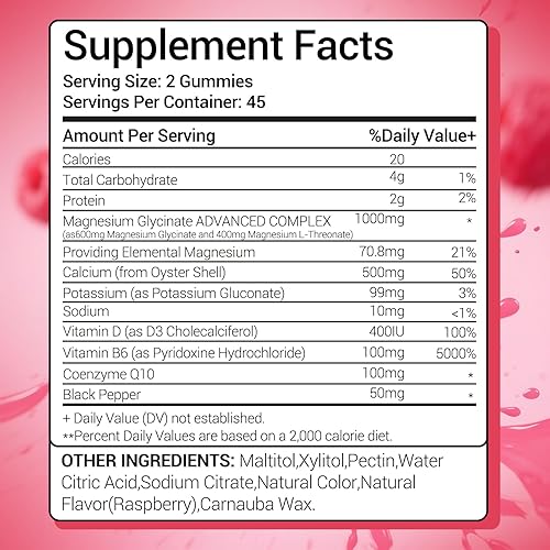 Miniatura 8 de Gomitas de glicinato de magnesio 1000 mg sin azúcar, suplemento de magnesio y potasio con vitamina D3, B6 para dormir, estrés, alivio muscular,