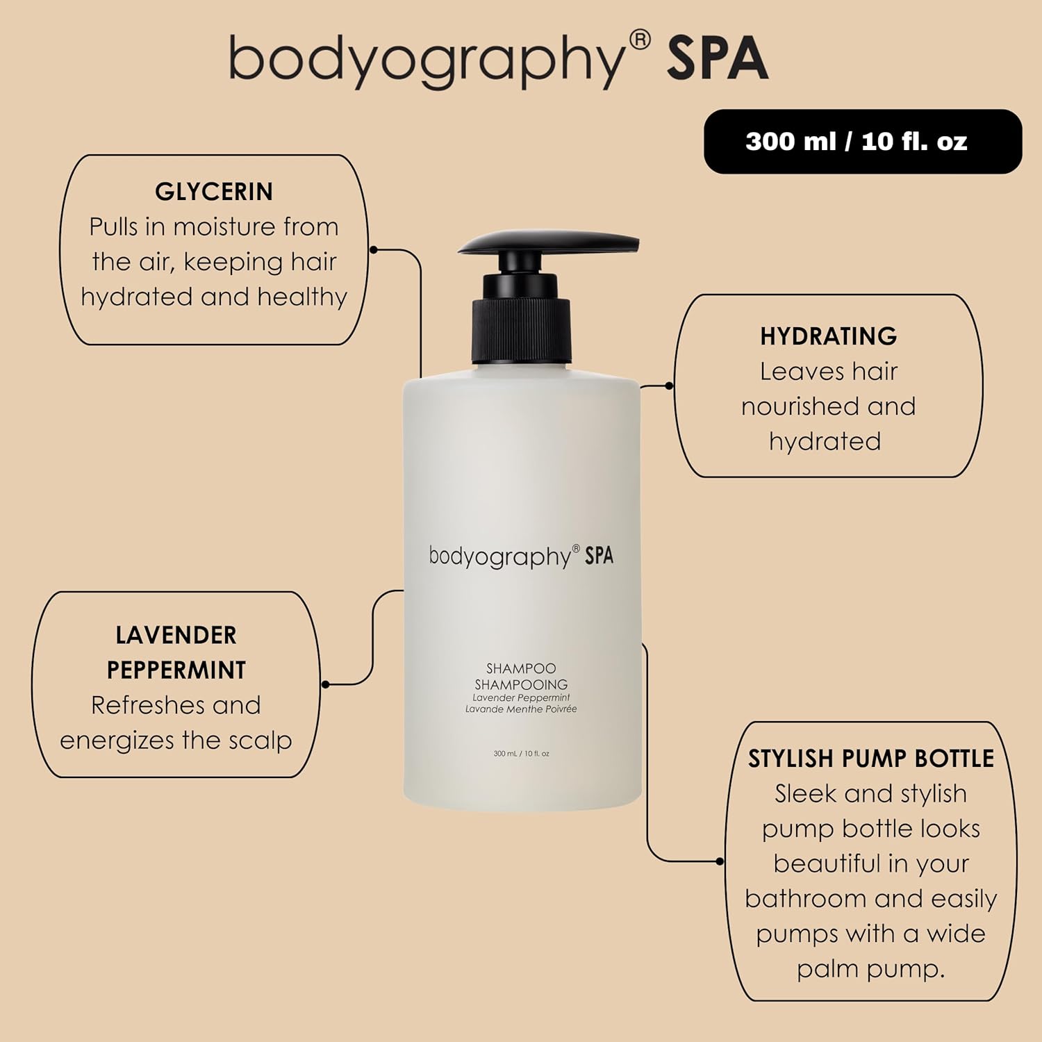 Bodyography Spa Shampoo Lavender Peppermint 10 ounces | Moisturizing Vegan Hair Cleanser for Frizz Control, Strengthening, and Hydration | Unisex Paraben-Free, Gluten-Free Daily Hair Care