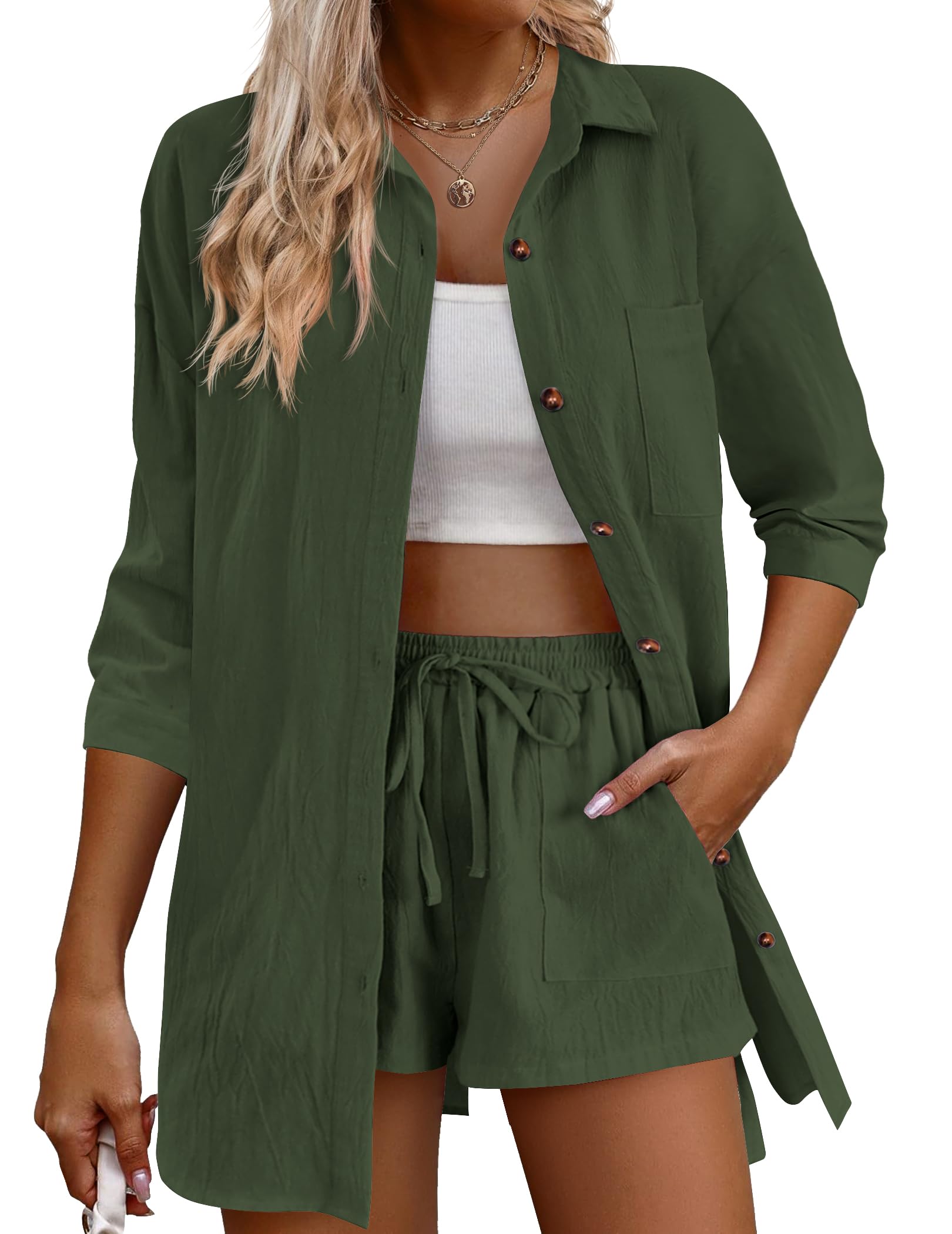 IN'VOLANDPlus Size Women's 2 Piece Outfits Cotton Linen 3/4 Sleeve High Low Shirt Drawstring Shorts Set Tracksuit