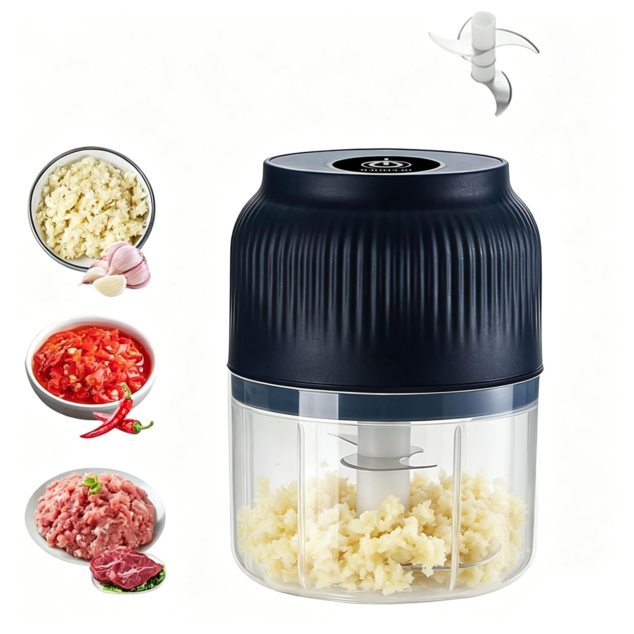 Electric Small Food Chopper, 350ml Mini Portable Electric Garlic Crush with 4 Stainless Steel Blades, One Touch Operation, Food Chopper for Vegetables,Fruits and Nuts (Garlic Masher - Blue)
