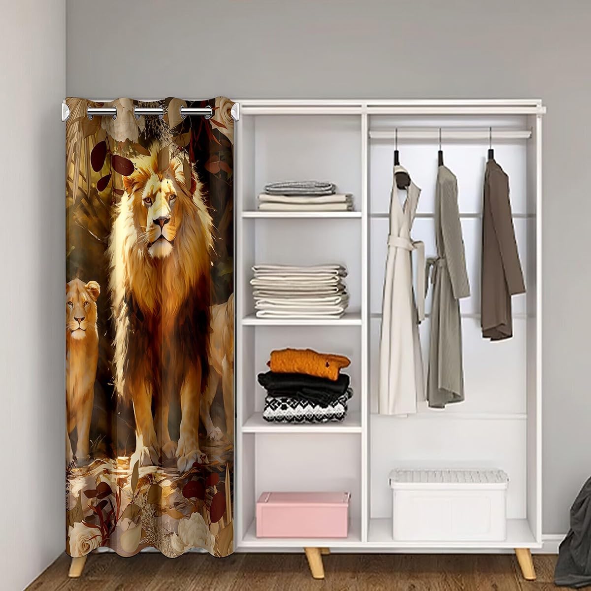 Watercolor Lion Door Curtain Brown Wild Jungle Animals Sunshine Decor Doorway Curtain Privacy for Kids Teens Adults Autumn Leaves Retro Plants Rustic Door Drape for Bedroom Closet Door 34" W X 80" L