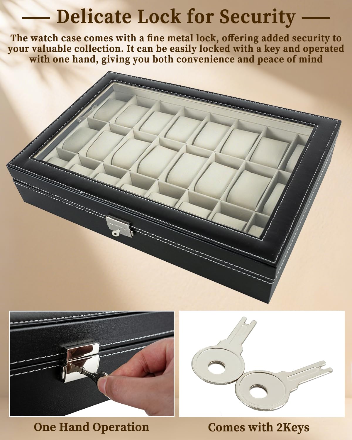 ATPEAM Uhrenbox 24, Eleganter Uhrenkasten mit Glasdeckel & Metallschloss, Uhrenkoffer mit Samt-Innenfutter, Geschenk für die Liebsten