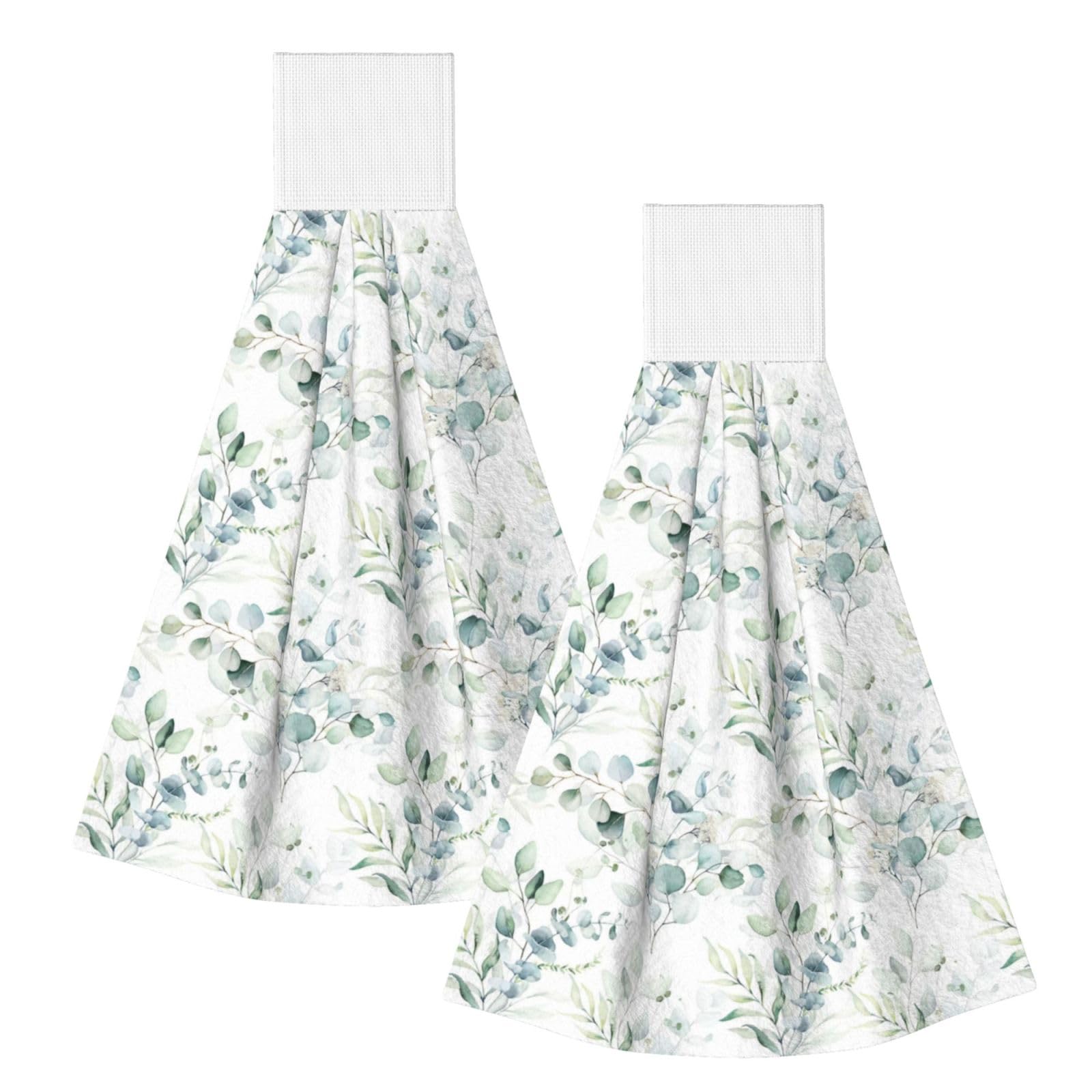 DOPKLNA Watercolor Green Floral Leaf Eucalyptus Round Leaves Succulent, 2 Pcs Hanging Coral Fiber Hand Towels for Bathroom, Absorbent Kitchen Towels