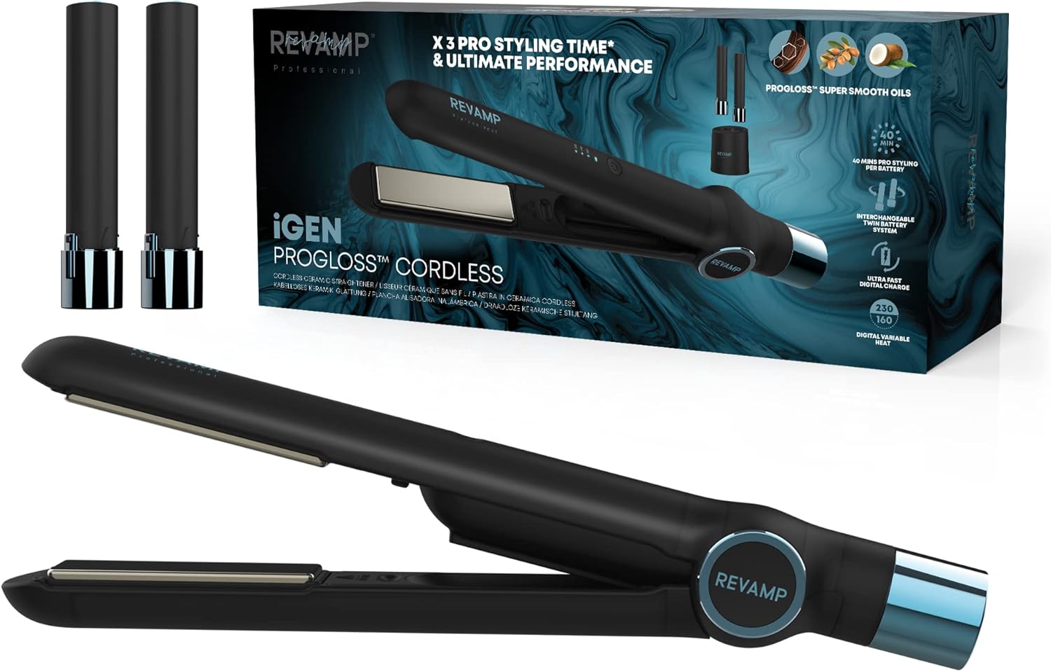 Revamp Progloss iGen Keramische stijltang, draadloos, draagbaar, zonder kabel, ultrasnelle digitale verwarming, automatische uitschakeling, USB-oplaadkabel, reisaccessoires