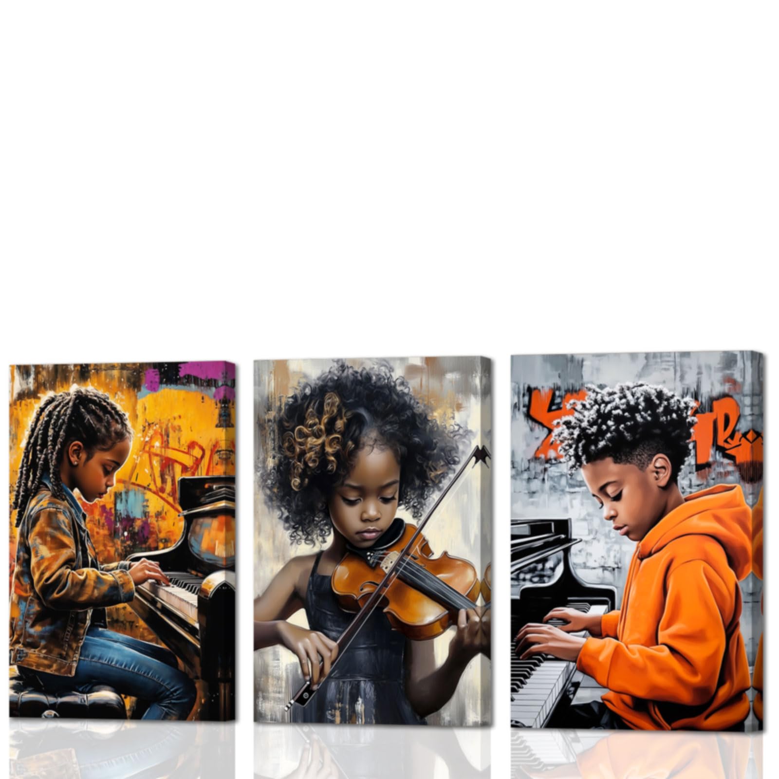 Set di 3 stampe artistiche da parete senza cornice, motivo musica nera ragazzo ragazza che suona pianoforte violino immagini afroamericani bambini stampe jazz poster per la camera dei bambini