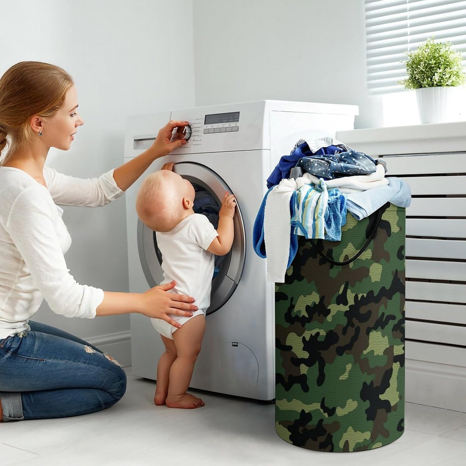 Green Military Camo Laundry Hamper with Handles Waterproof Collapsible Laundry Basket Large Lightweight Round Dirty Clothes Hamper for Home Dorm Bathroom Decor