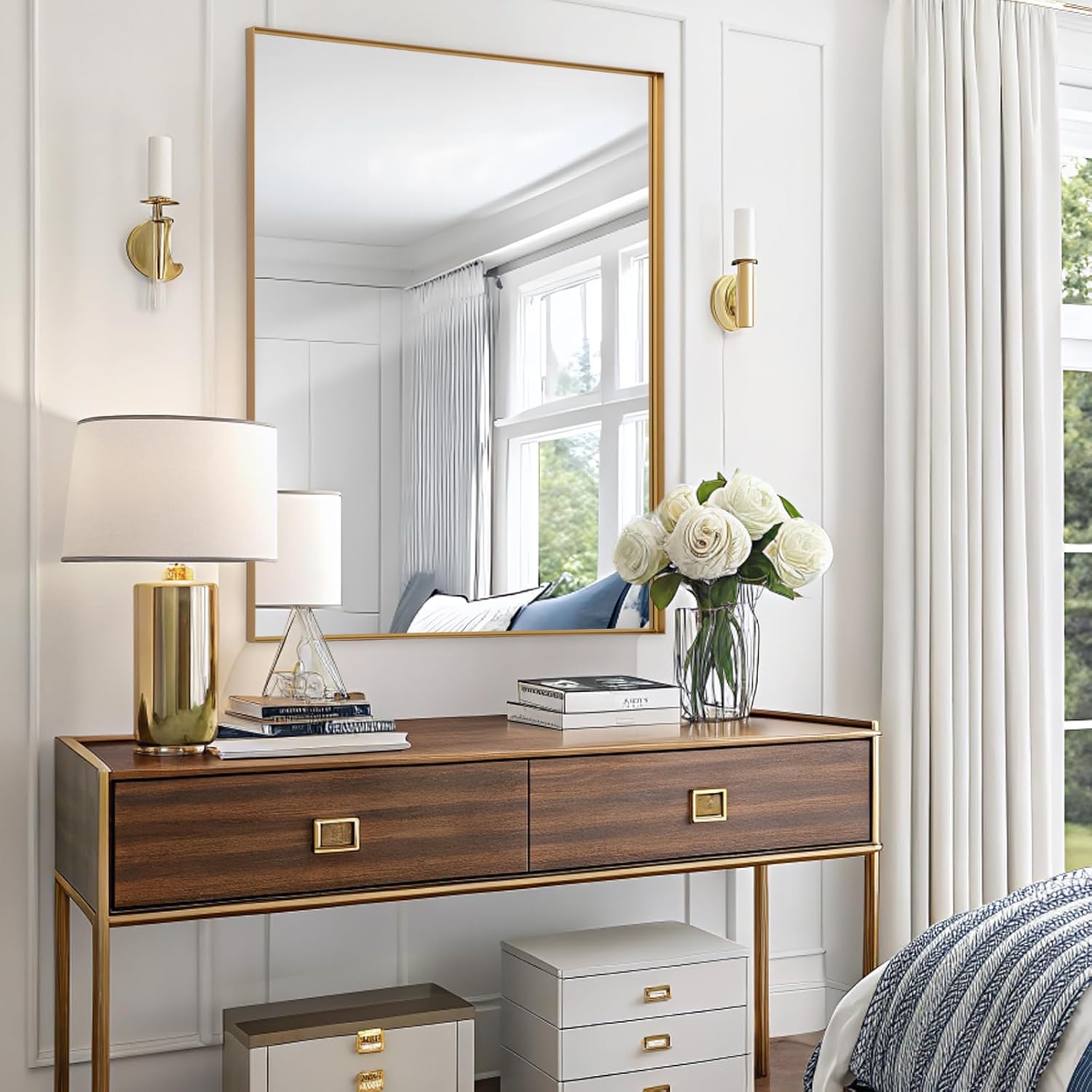 Melodieux Wall Vanity Bathroom Mirror for Over Sink, 30"x40" Rounded Rectangle Metal Deep Frame Wall Mounted Mirror Wall Decor for Living Room Hallway, Gold